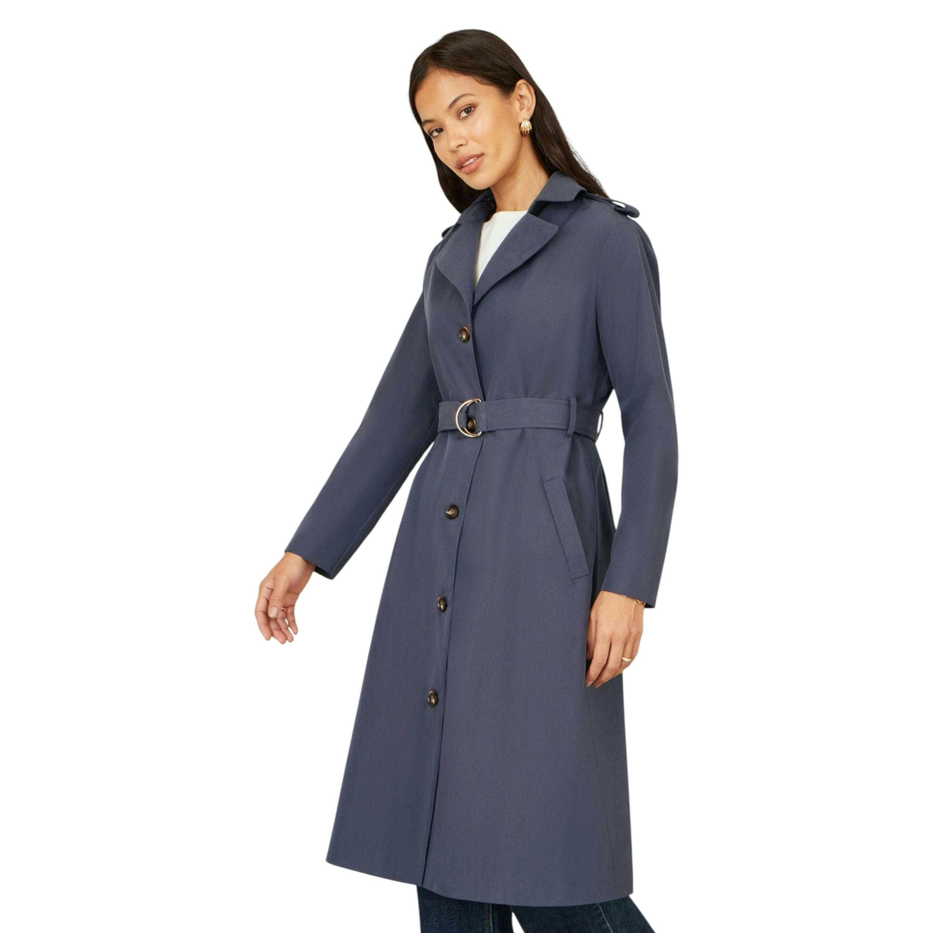 Yumi Navy Belted Long Trench Coat With Belt , view 6 of 6