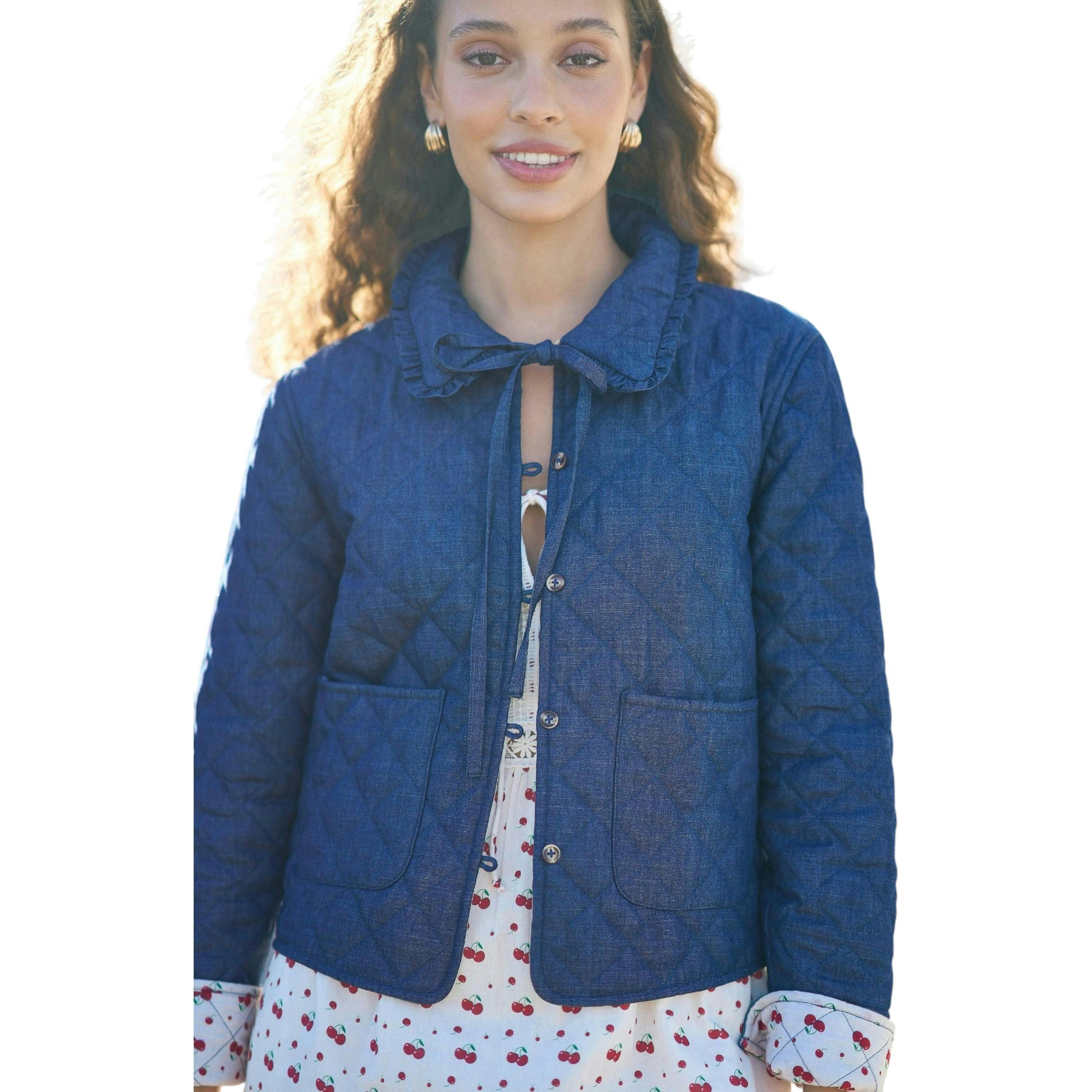 Yumi Blue Chambray Quilted Jacket With Cherry Lining , view 1 of 6