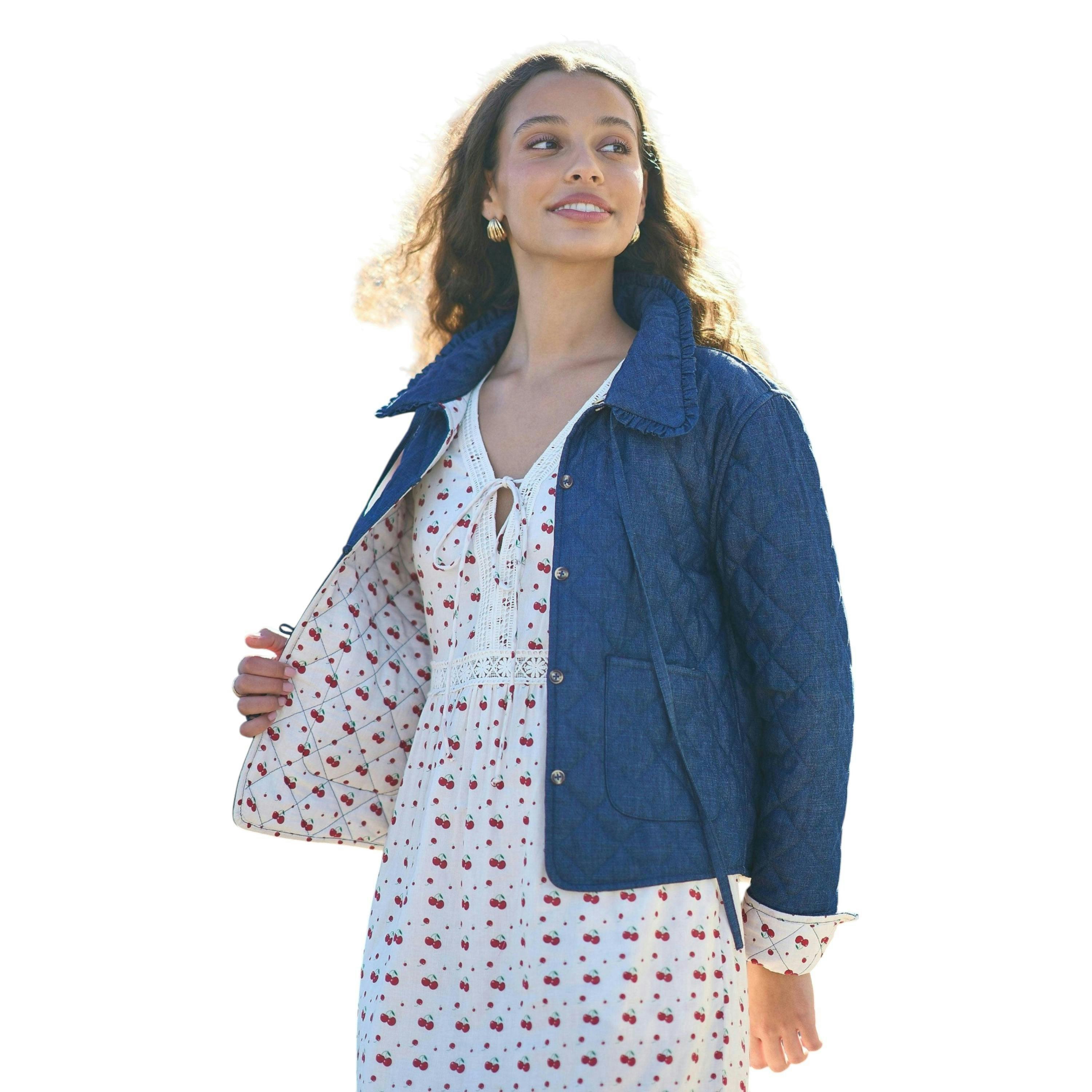 Yumi Blue Chambray Quilted Jacket With Cherry Lining , view 2 of 6