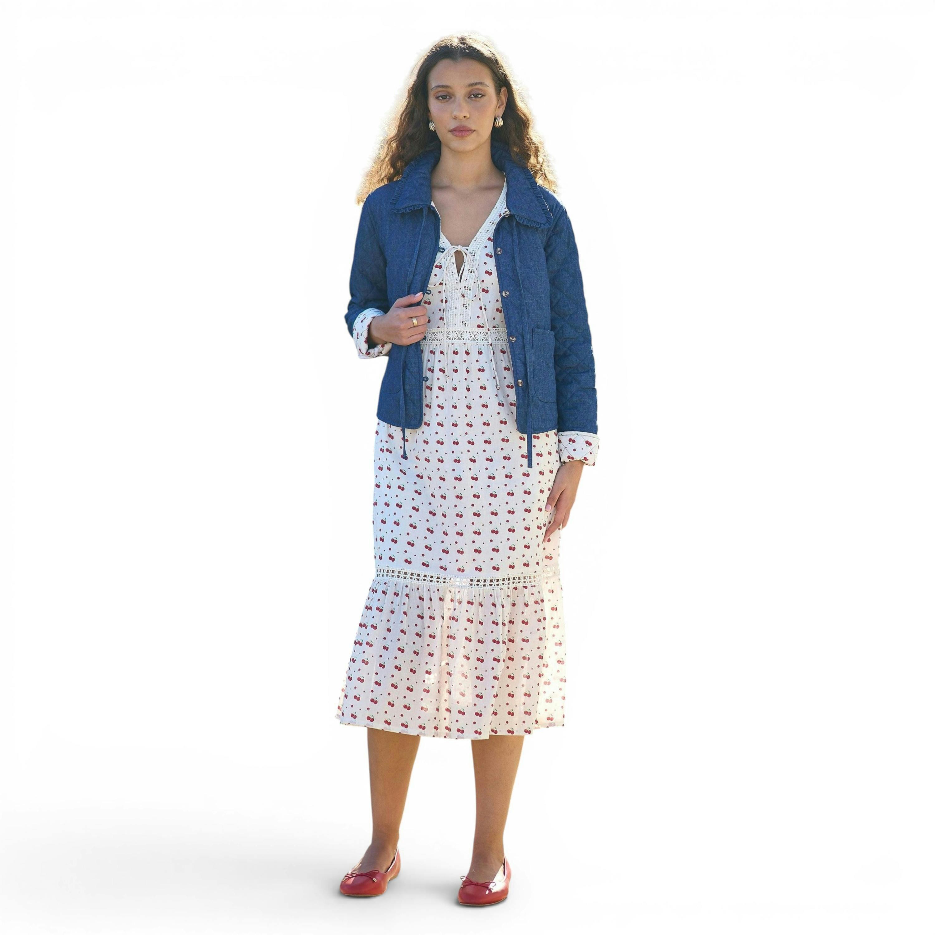 Yumi Blue Chambray Quilted Jacket With Cherry Lining , view 3 of 6