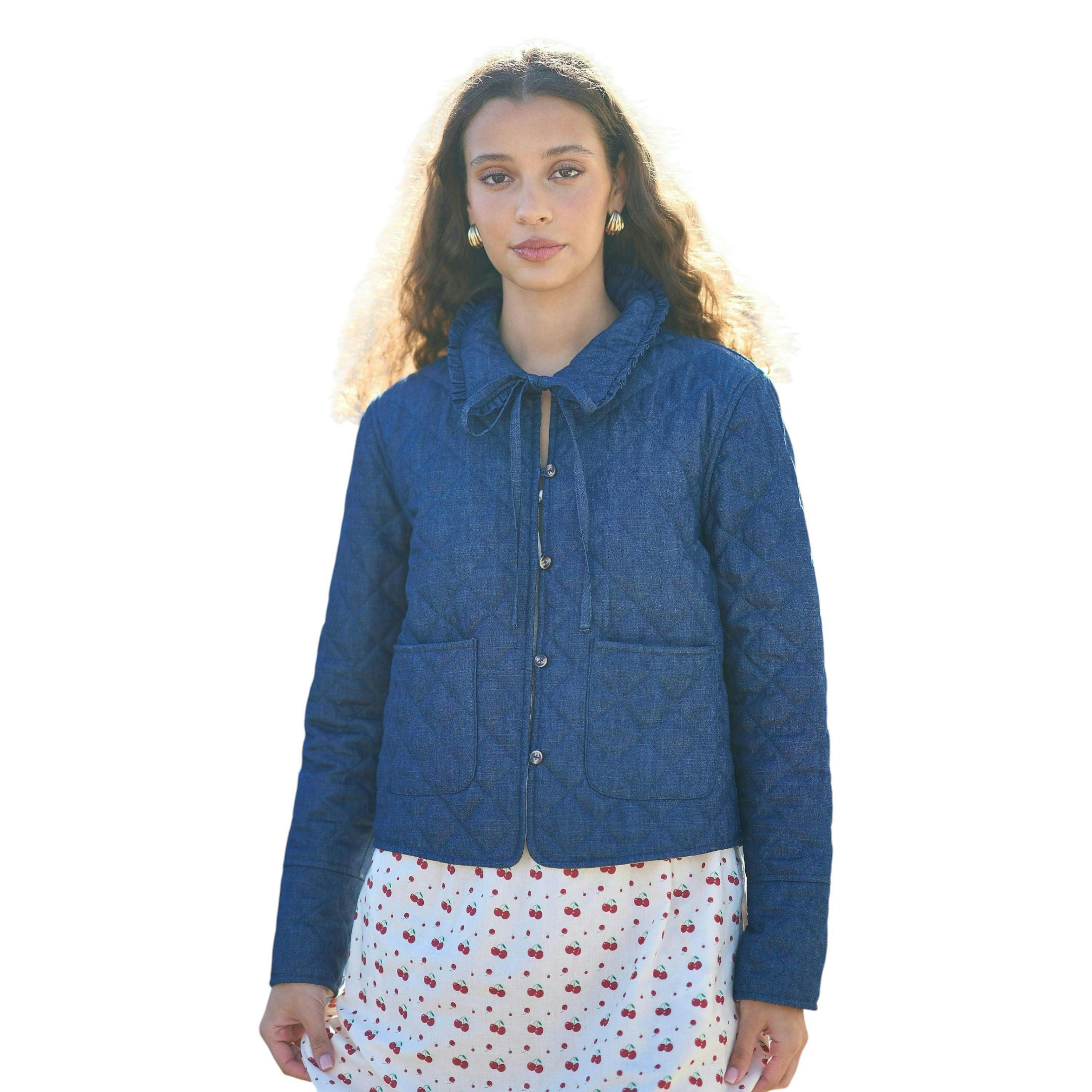 Yumi Blue Chambray Quilted Jacket With Cherry Lining , view 4 of 6