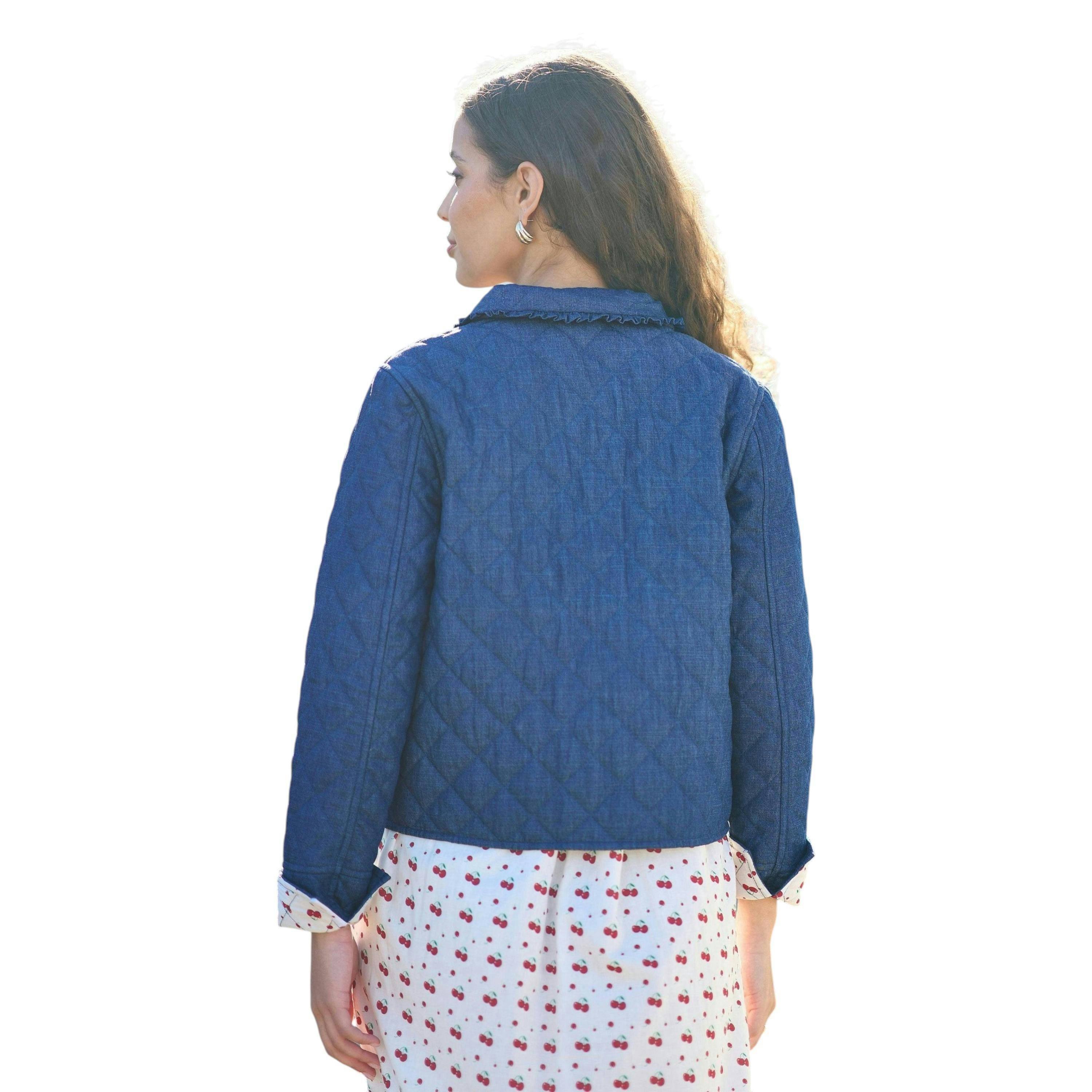 Yumi Blue Chambray Quilted Jacket With Cherry Lining , view 5 of 6