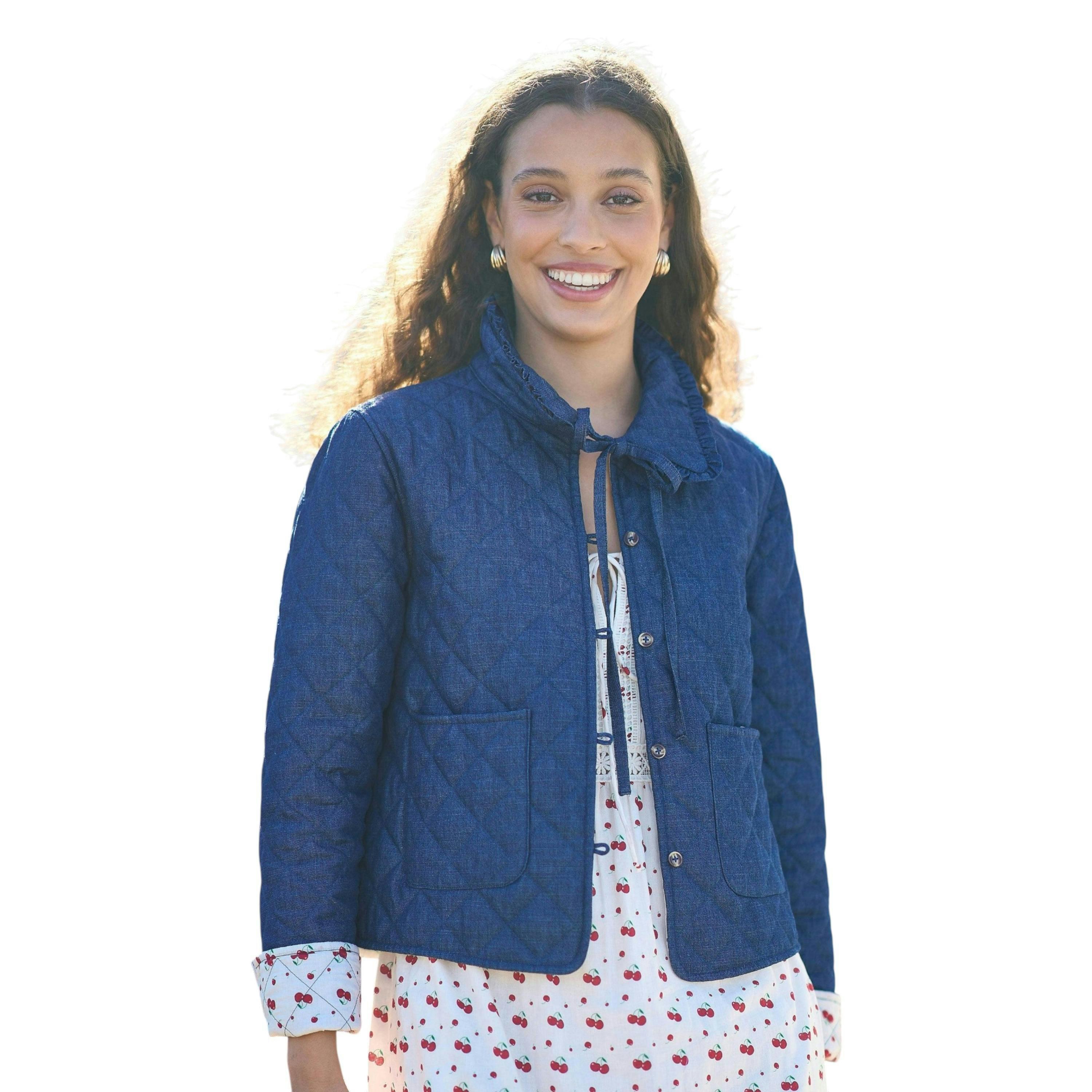 Yumi Blue Chambray Quilted Jacket With Cherry Lining , view 6 of 6
