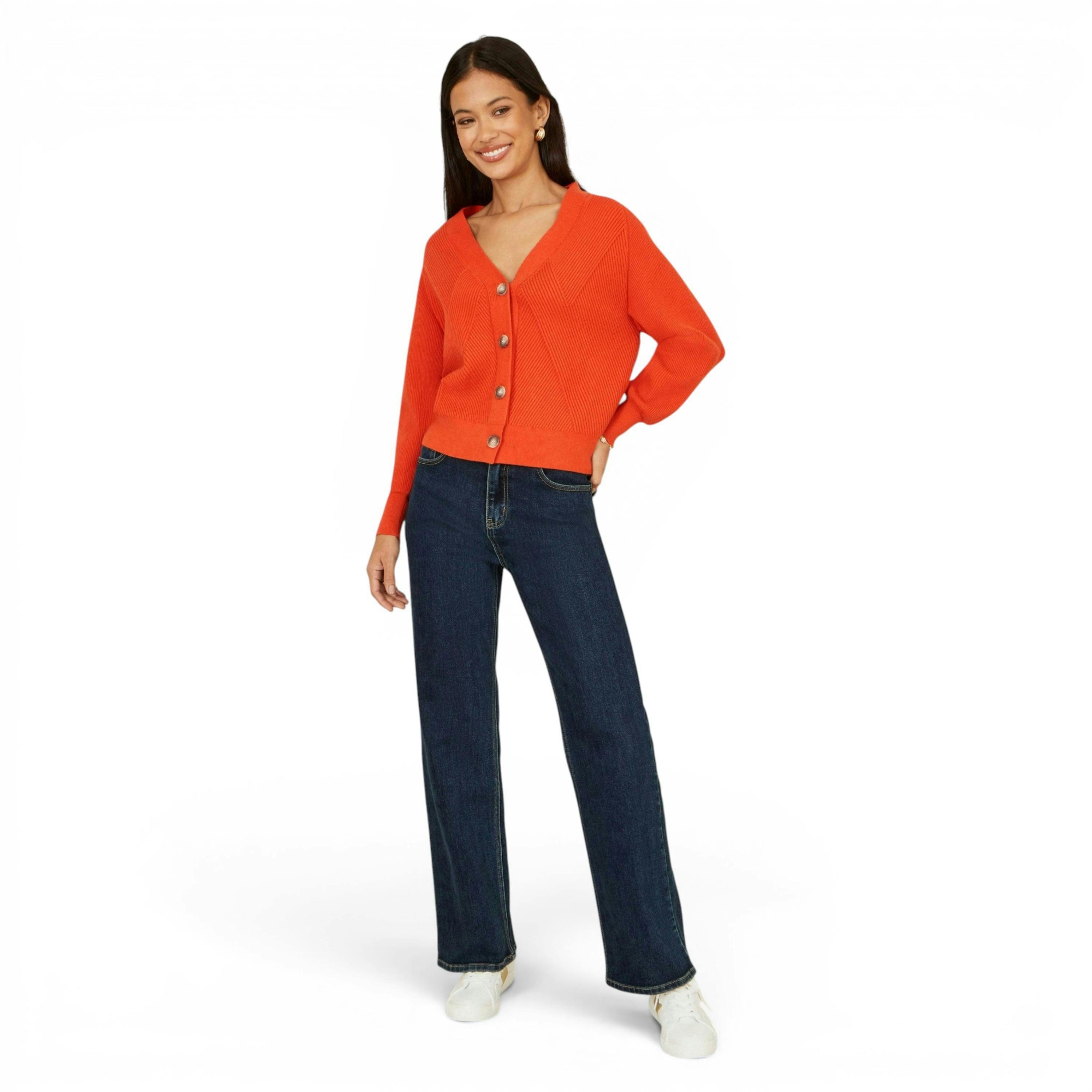Yumi Orange Relaxed Fit Cardigan With Stitch Detail , view 2 of 5