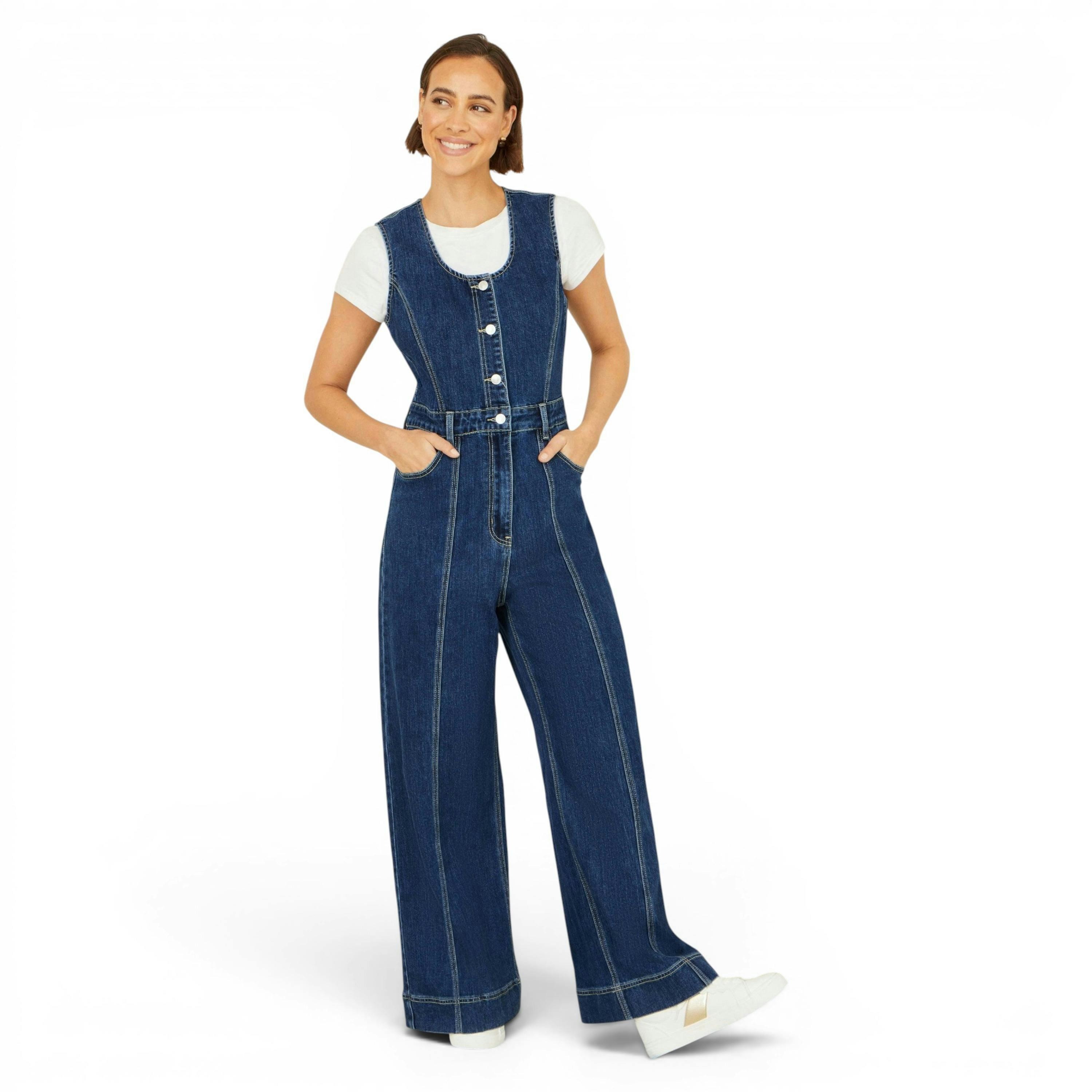Yumi Blue Denim Stretch Fitted Jumpsuit , view 1 of 6