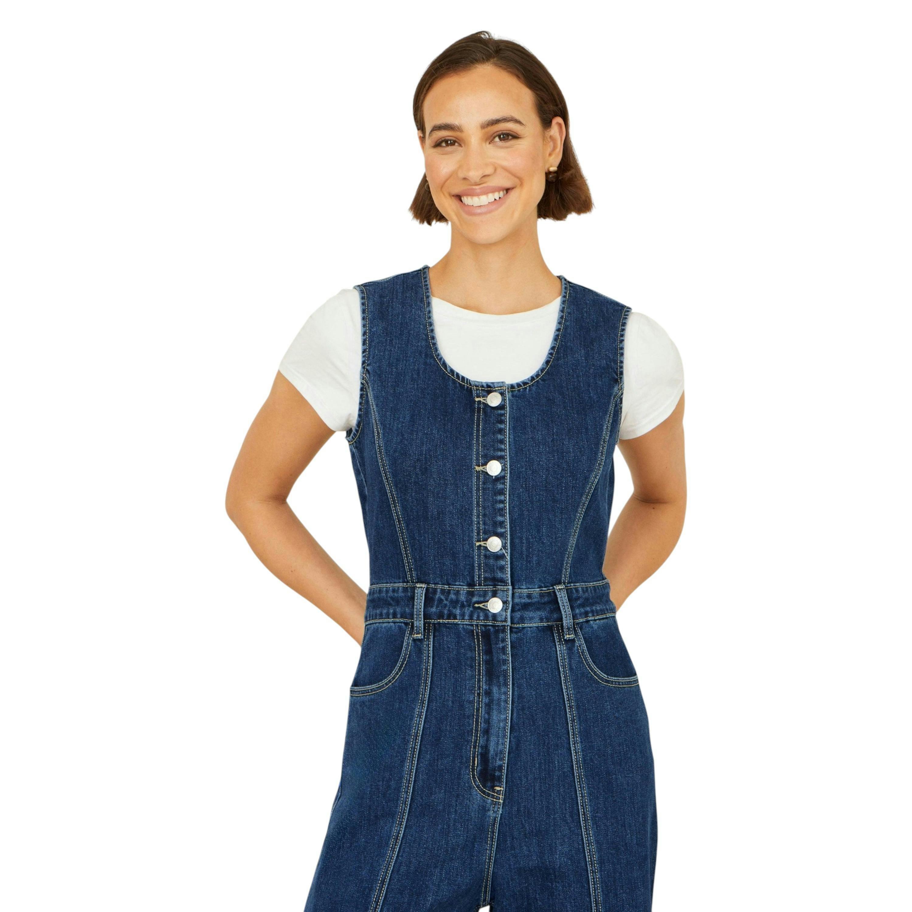 Yumi Blue Denim Stretch Fitted Jumpsuit , view 2 of 6