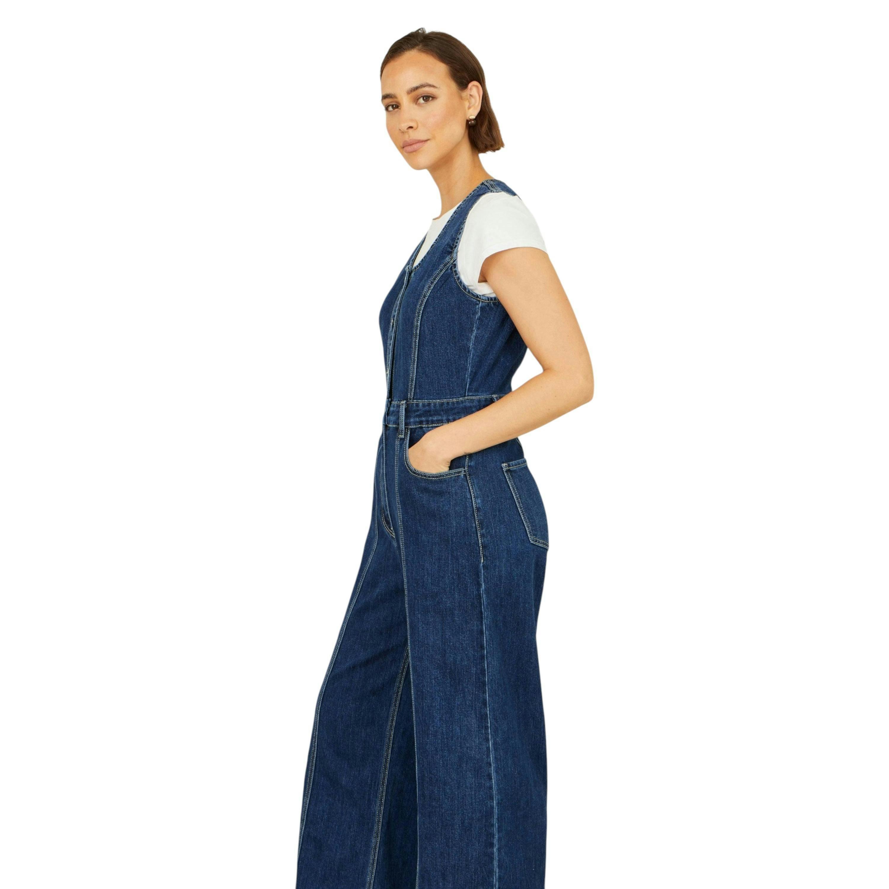 Yumi Blue Denim Stretch Fitted Jumpsuit , view 3 of 6