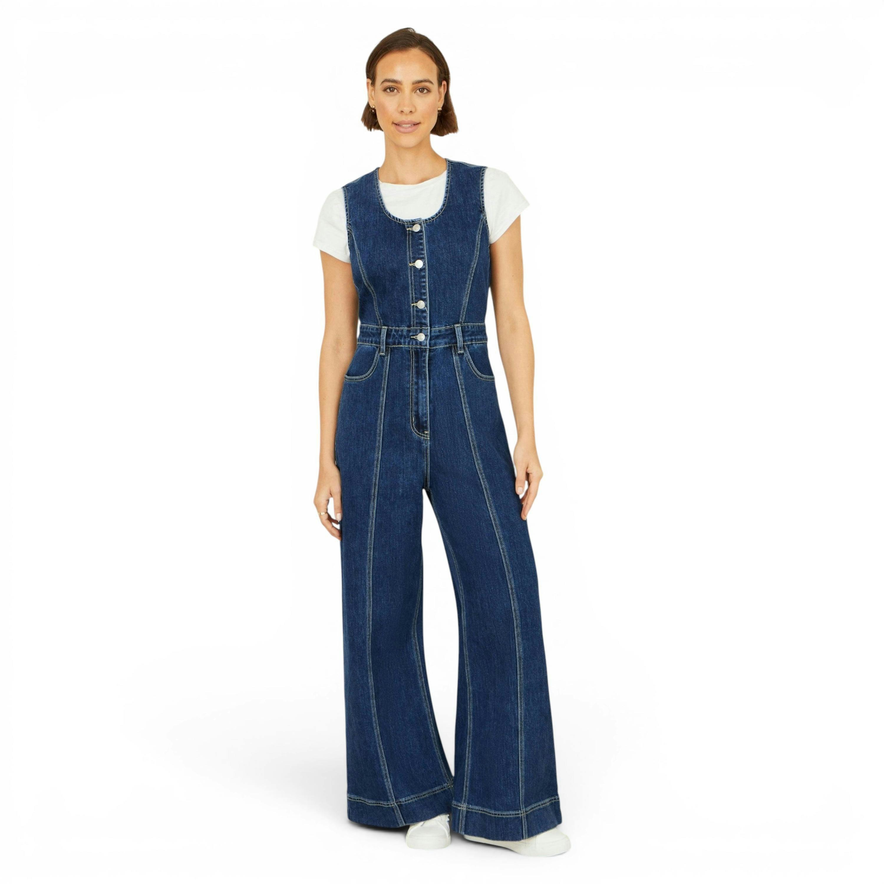 Yumi Blue Denim Stretch Fitted Jumpsuit , view 4 of 6