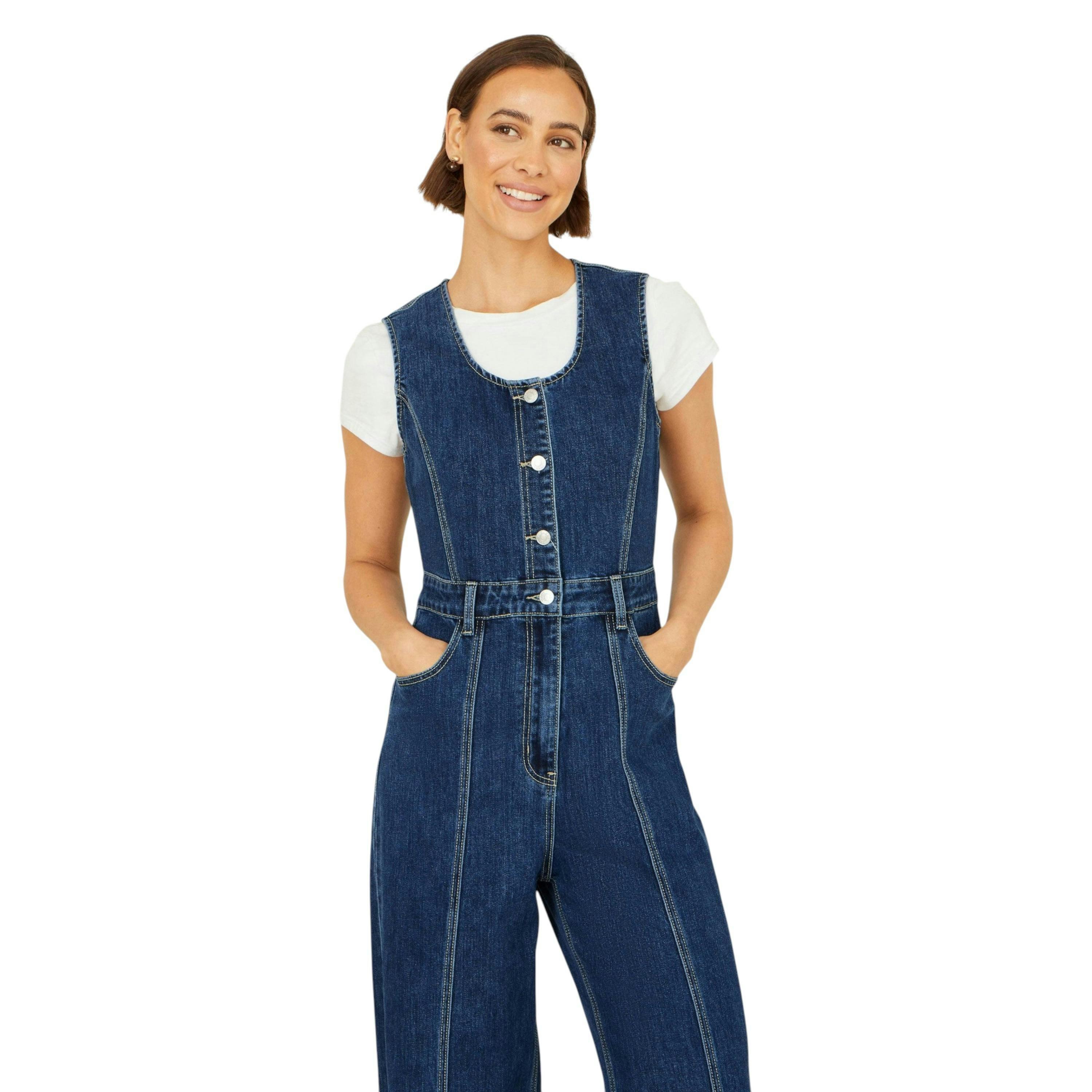 Yumi Blue Denim Stretch Fitted Jumpsuit , view 6 of 6