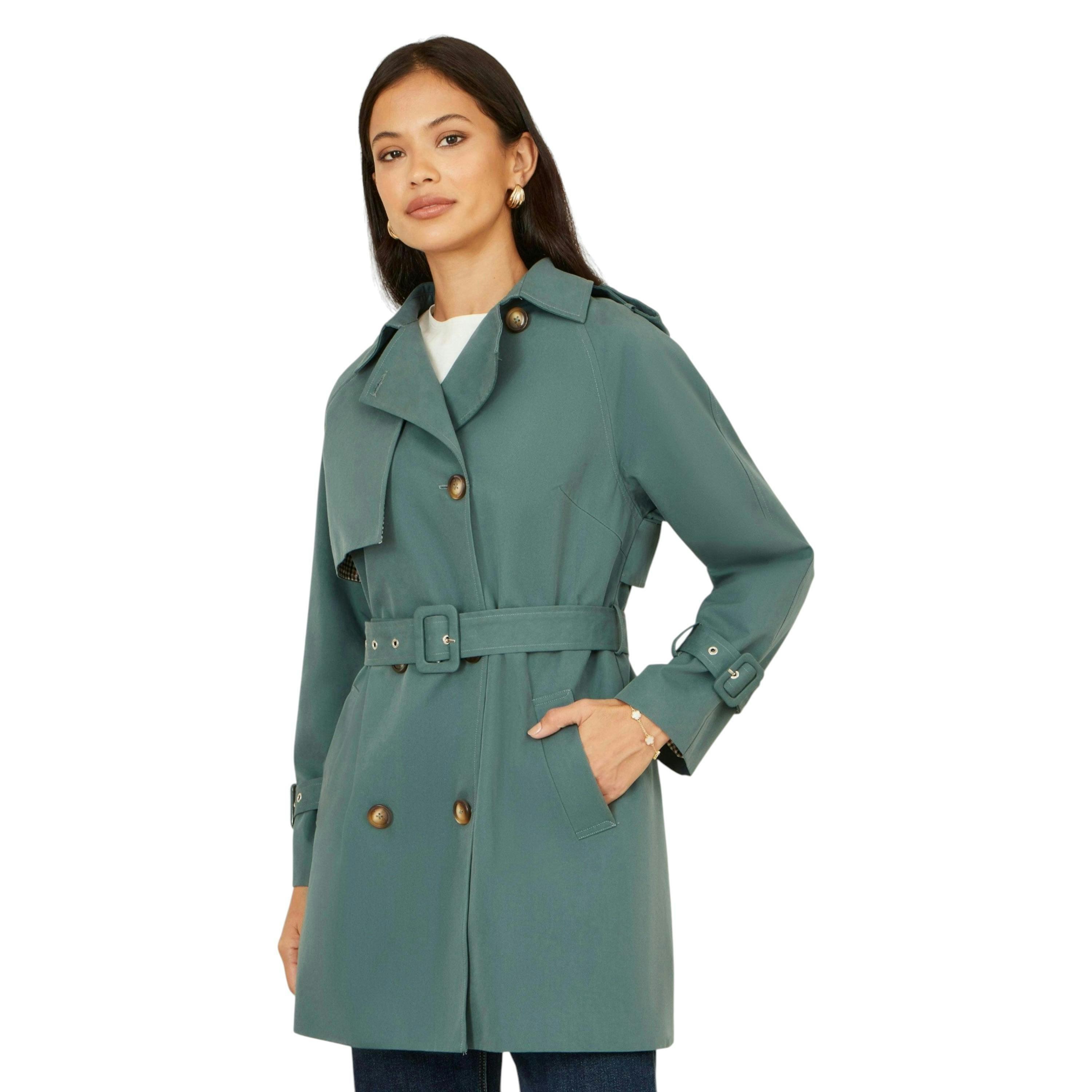 Yumi Blue Belted Trench Coat With Check Lining , view 1 of 6