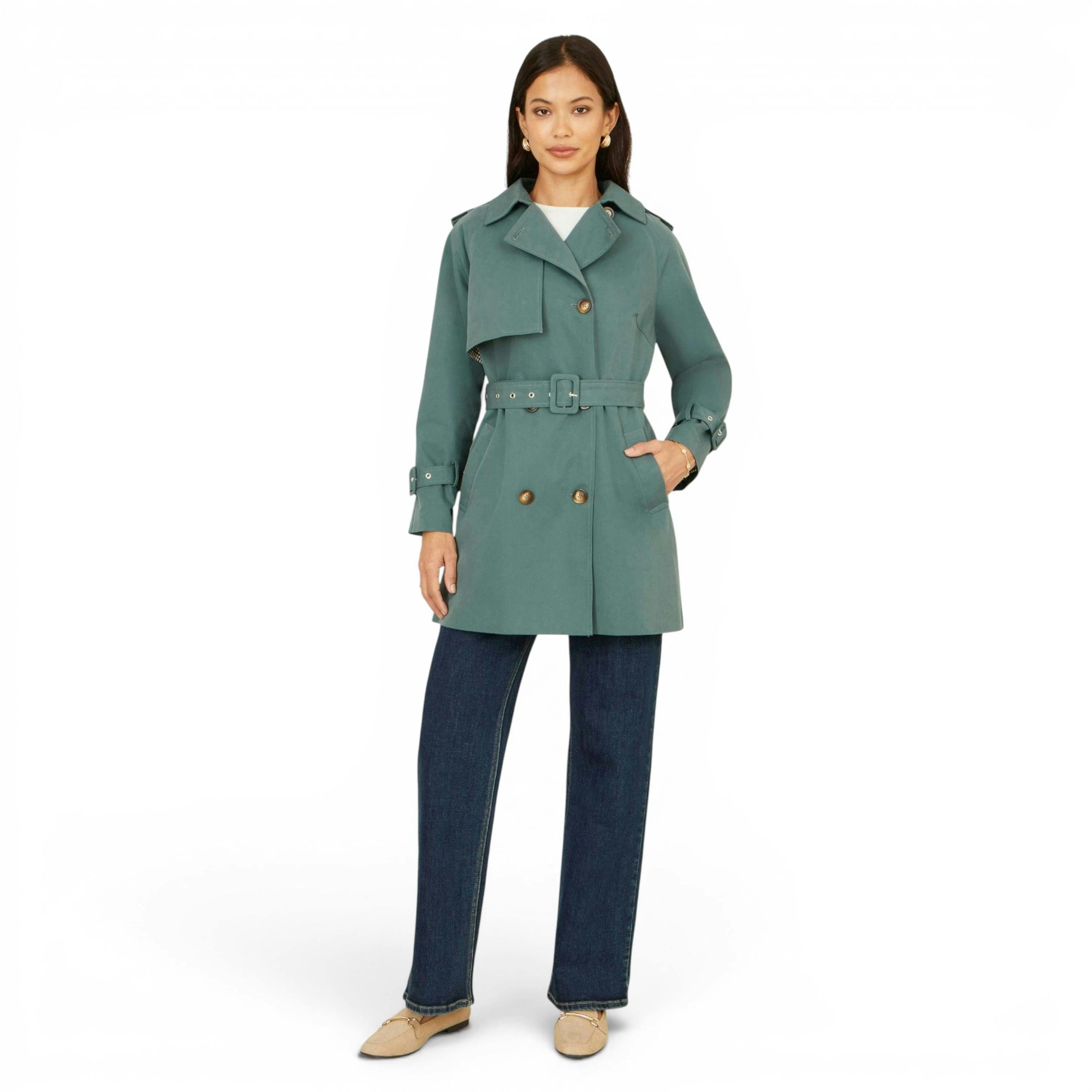 Yumi Blue Belted Trench Coat With Check Lining , view 2 of 6