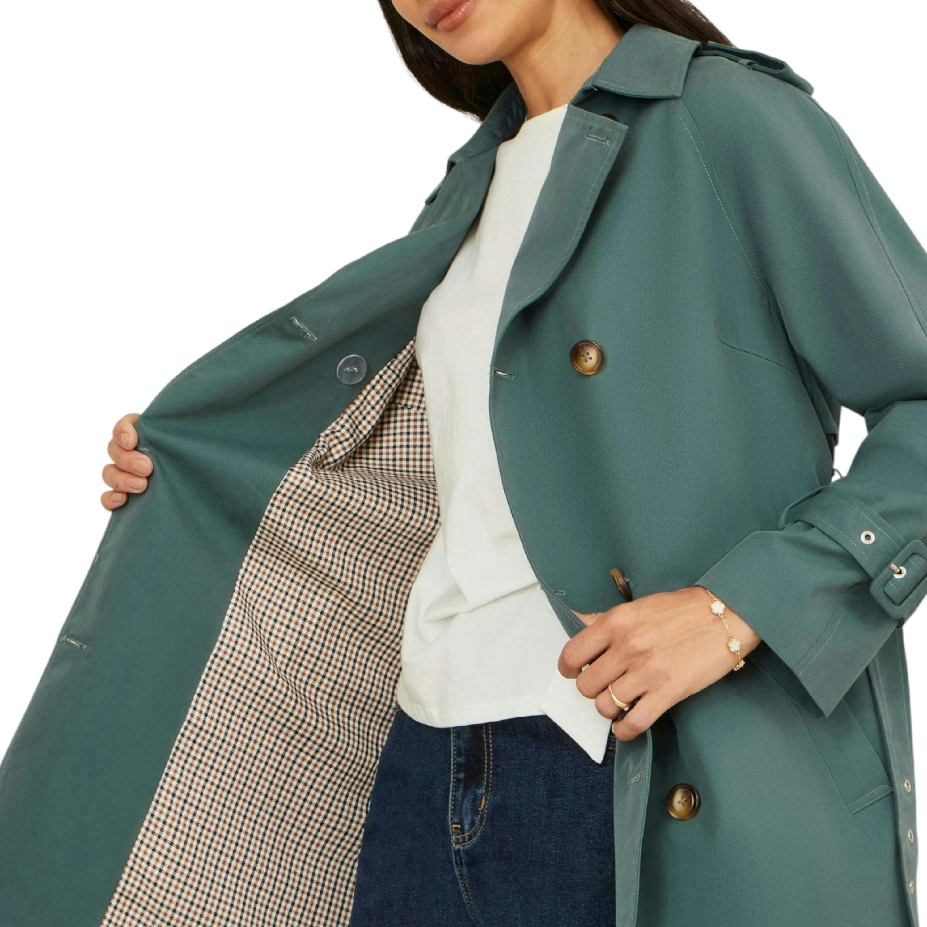 Yumi Blue Belted Trench Coat With Check Lining , view 3 of 6