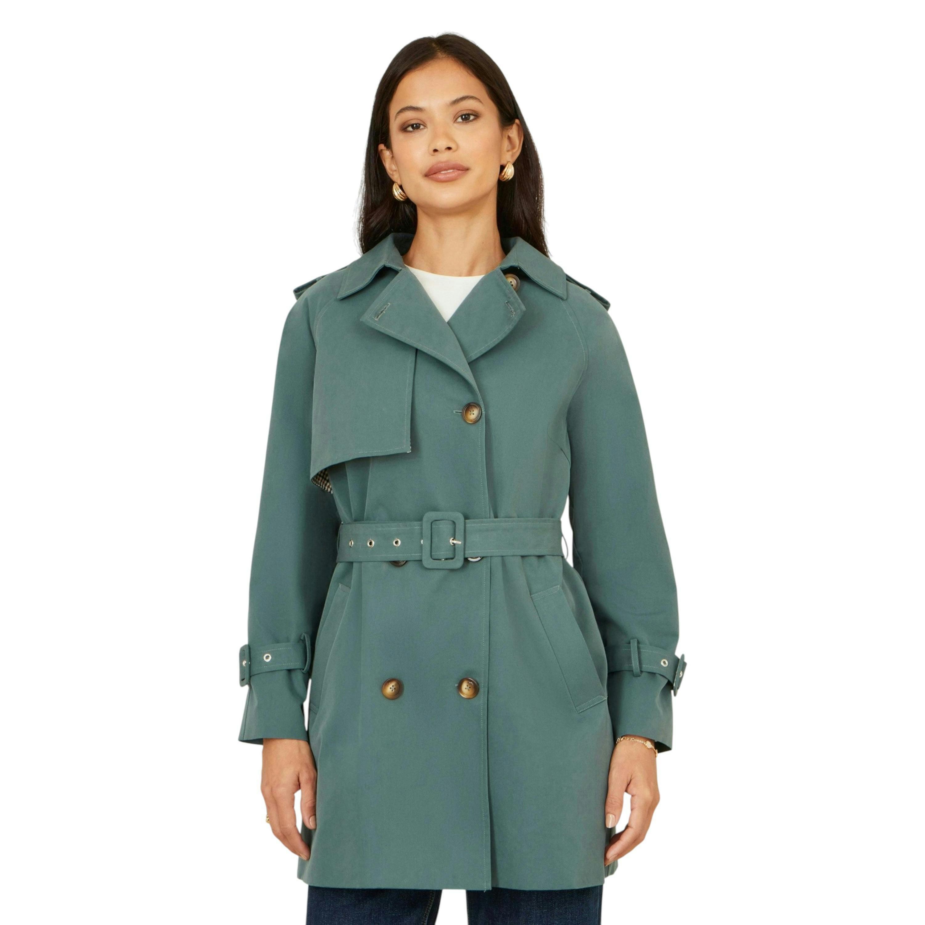 Yumi Blue Belted Trench Coat With Check Lining , view 5 of 6