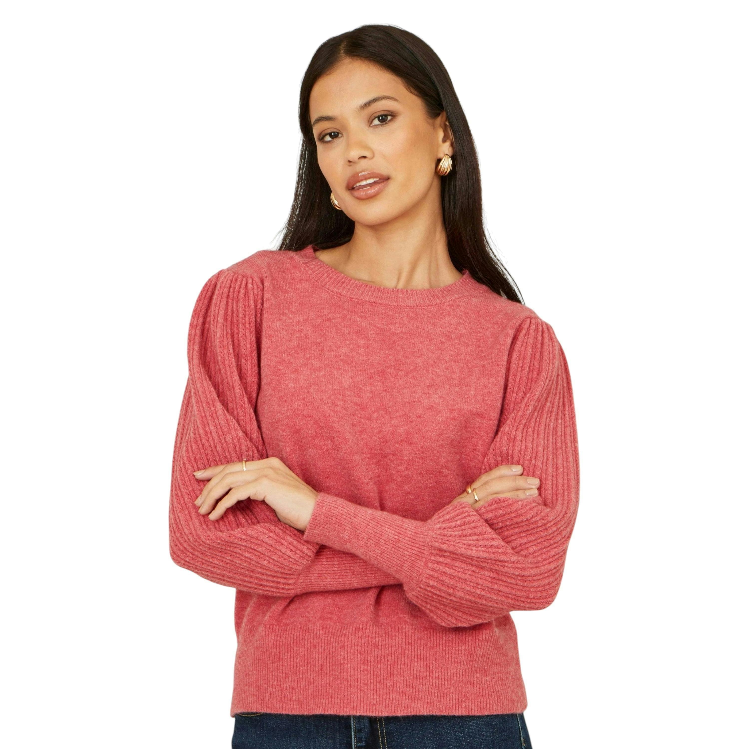 Yumi Pink Knitted Balloon Sleeve Jumper , view 1 of 6