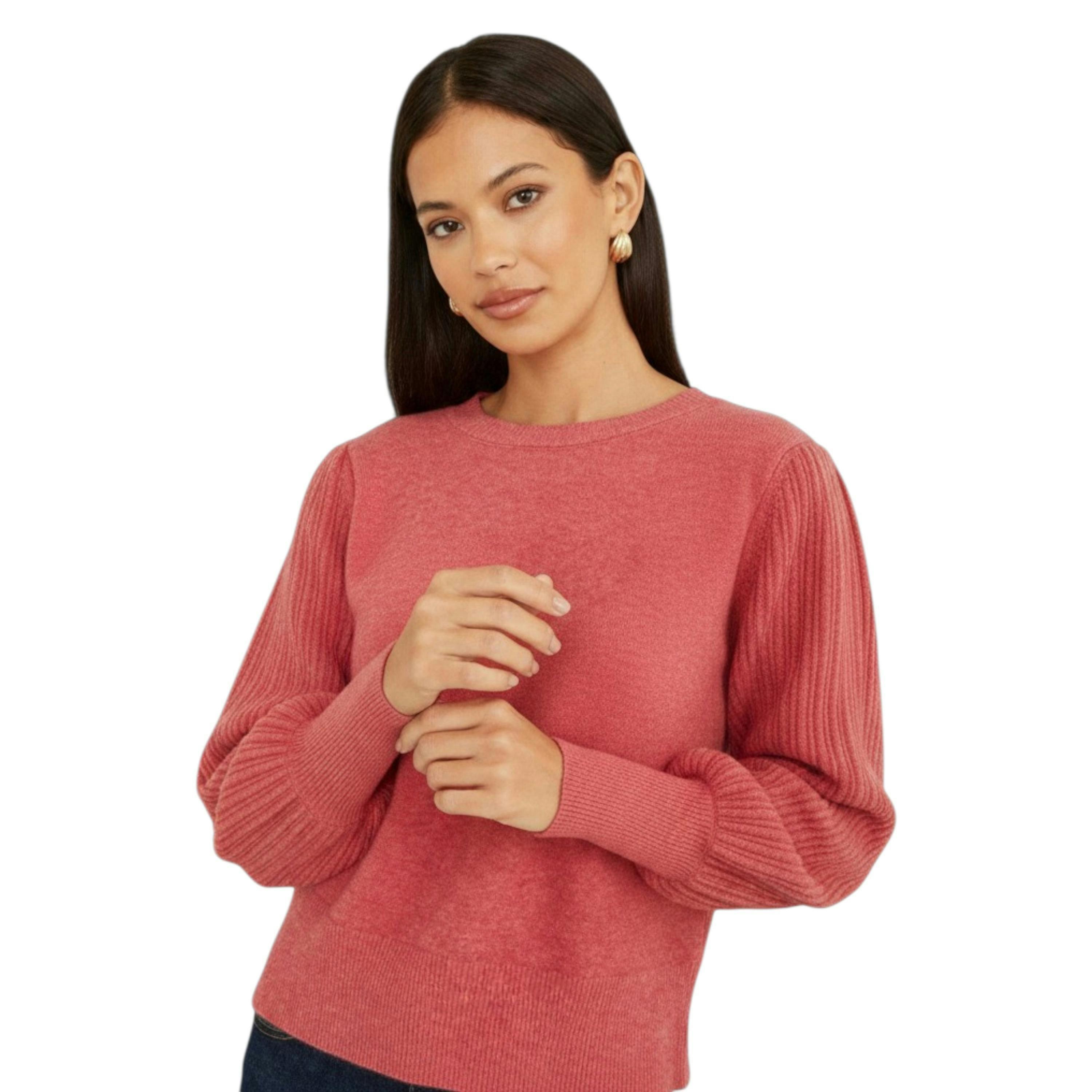Yumi Pink Knitted Balloon Sleeve Jumper , view 2 of 6