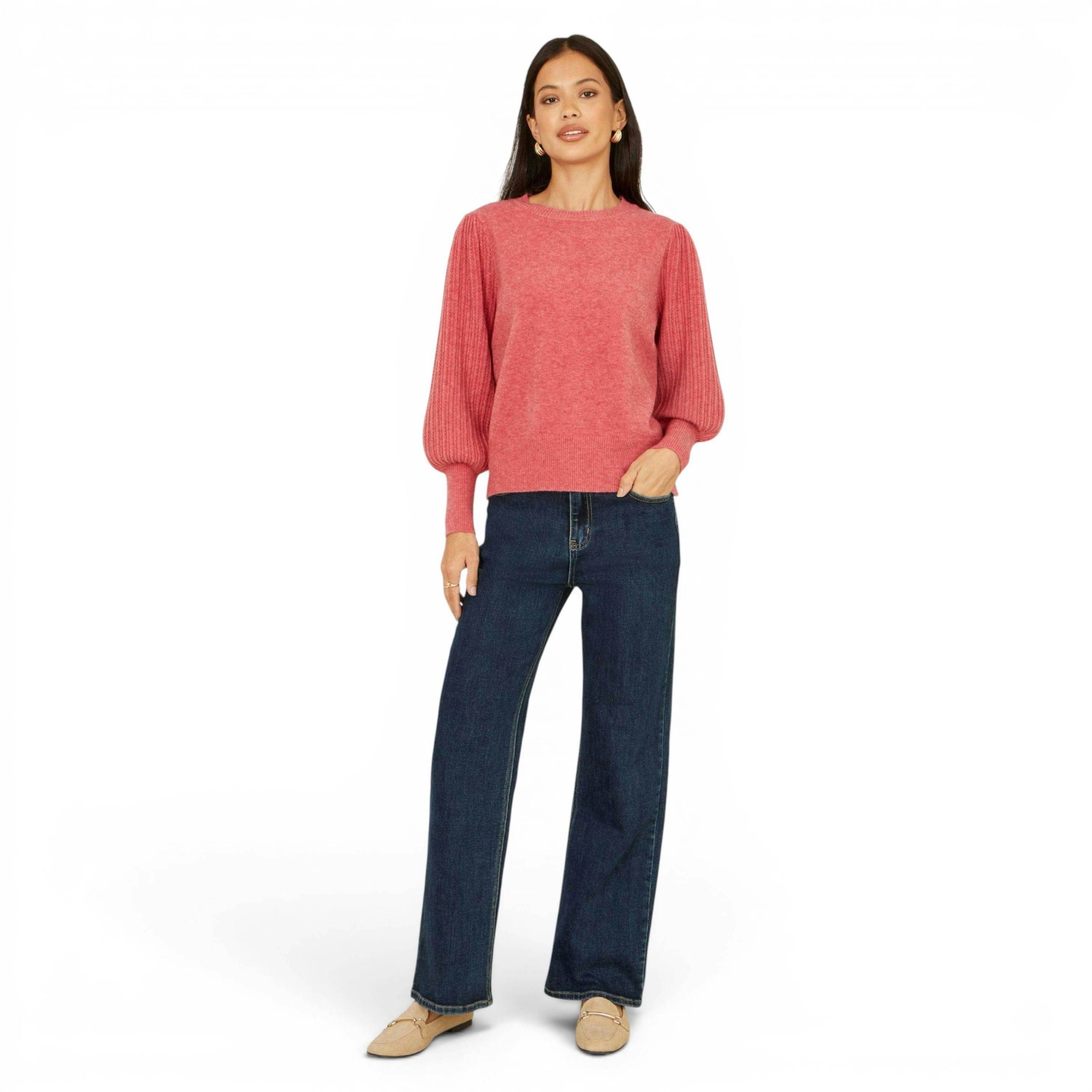 Yumi Pink Knitted Balloon Sleeve Jumper , view 3 of 6