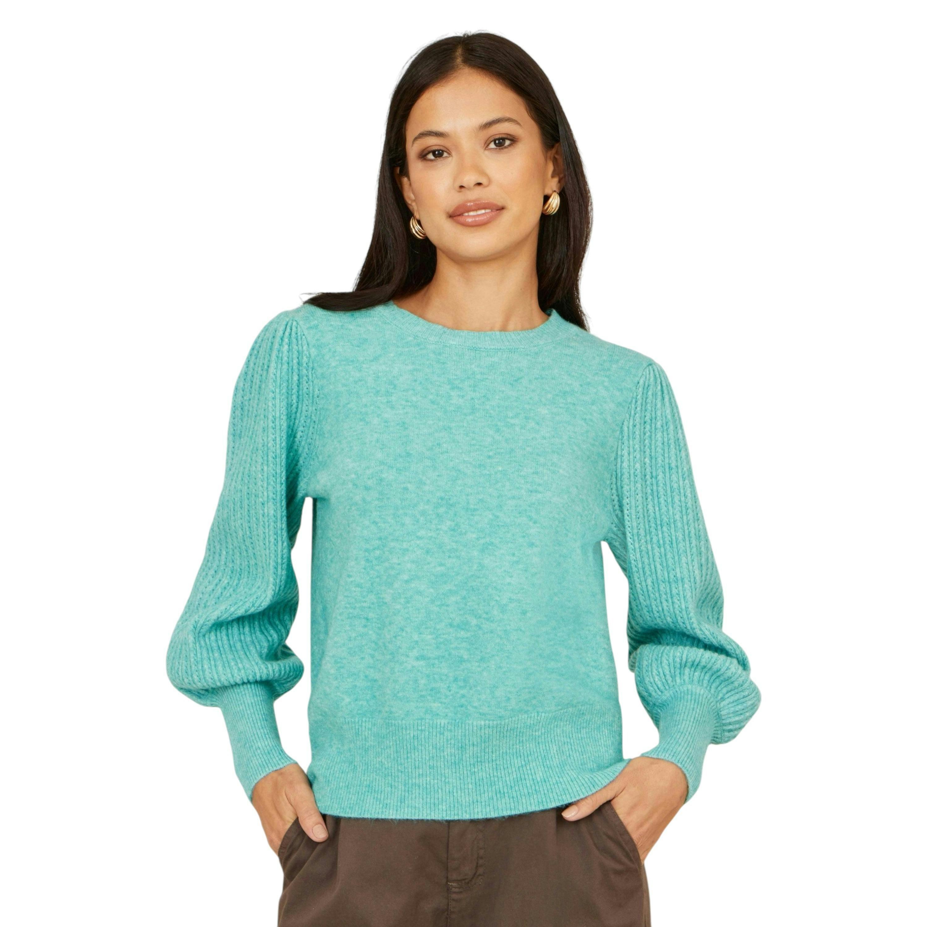 Yumi Sea Green Knitted Balloon Sleeve Jumper , view 1 of 5