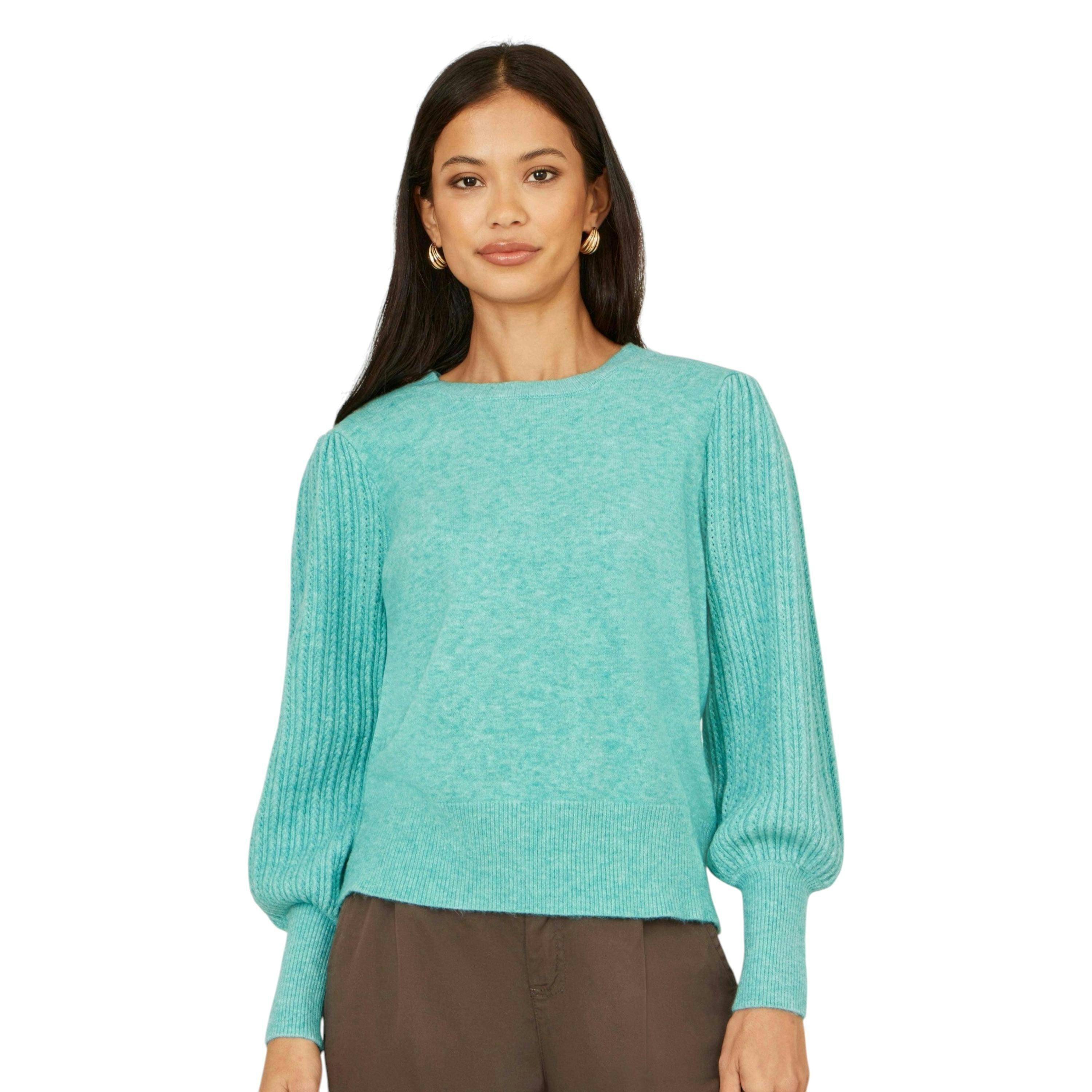 Yumi Sea Green Knitted Balloon Sleeve Jumper , view 3 of 5