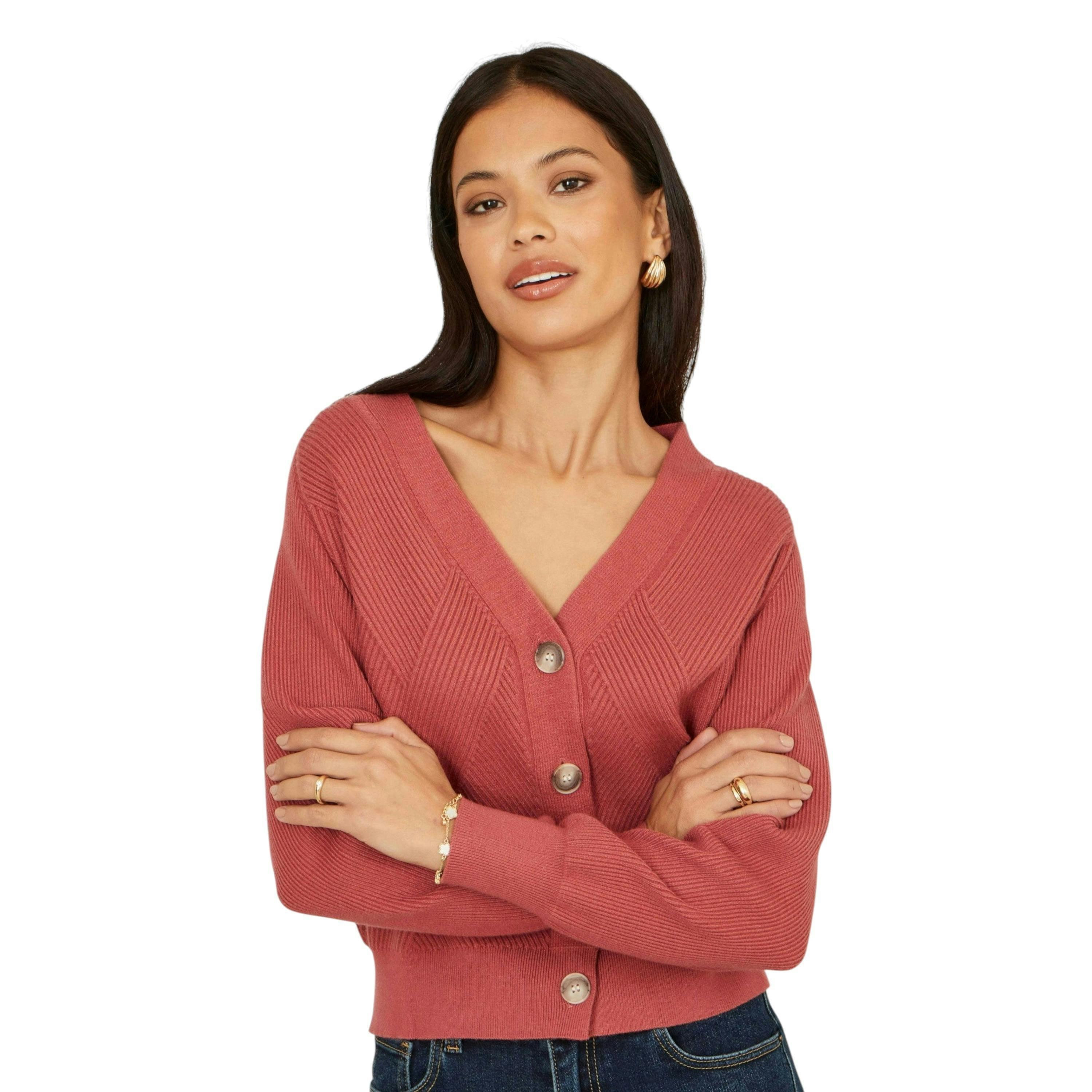 Yumi Rose Pink Relaxed Fit Cardigan With Stitch Detail , view 1 of 6