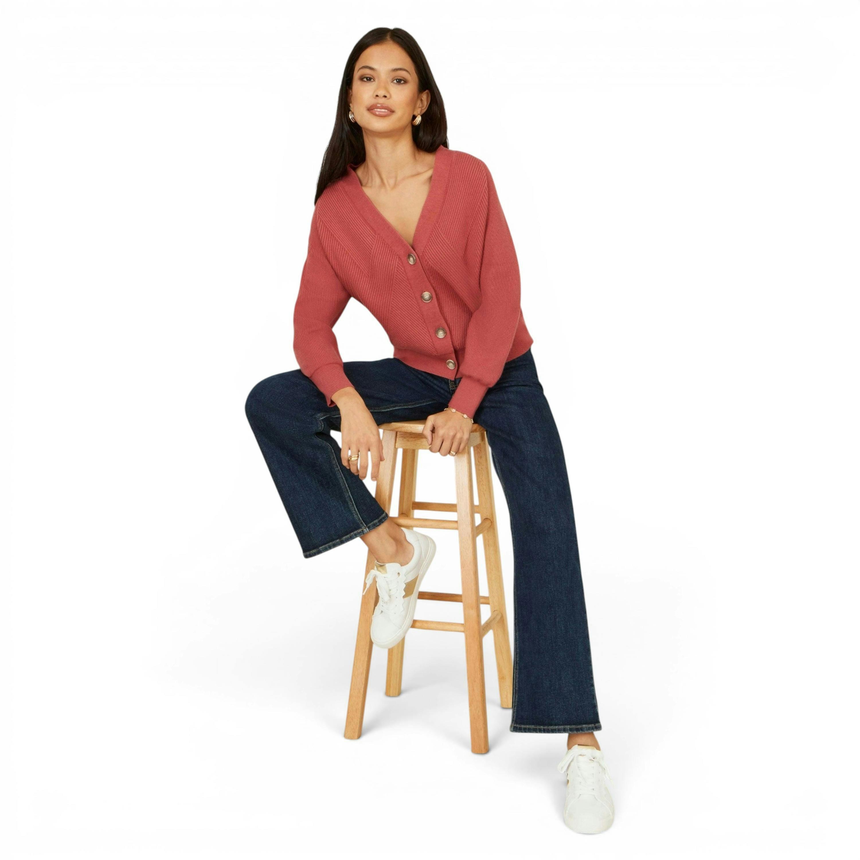Yumi Rose Pink Relaxed Fit Cardigan With Stitch Detail , view 2 of 6
