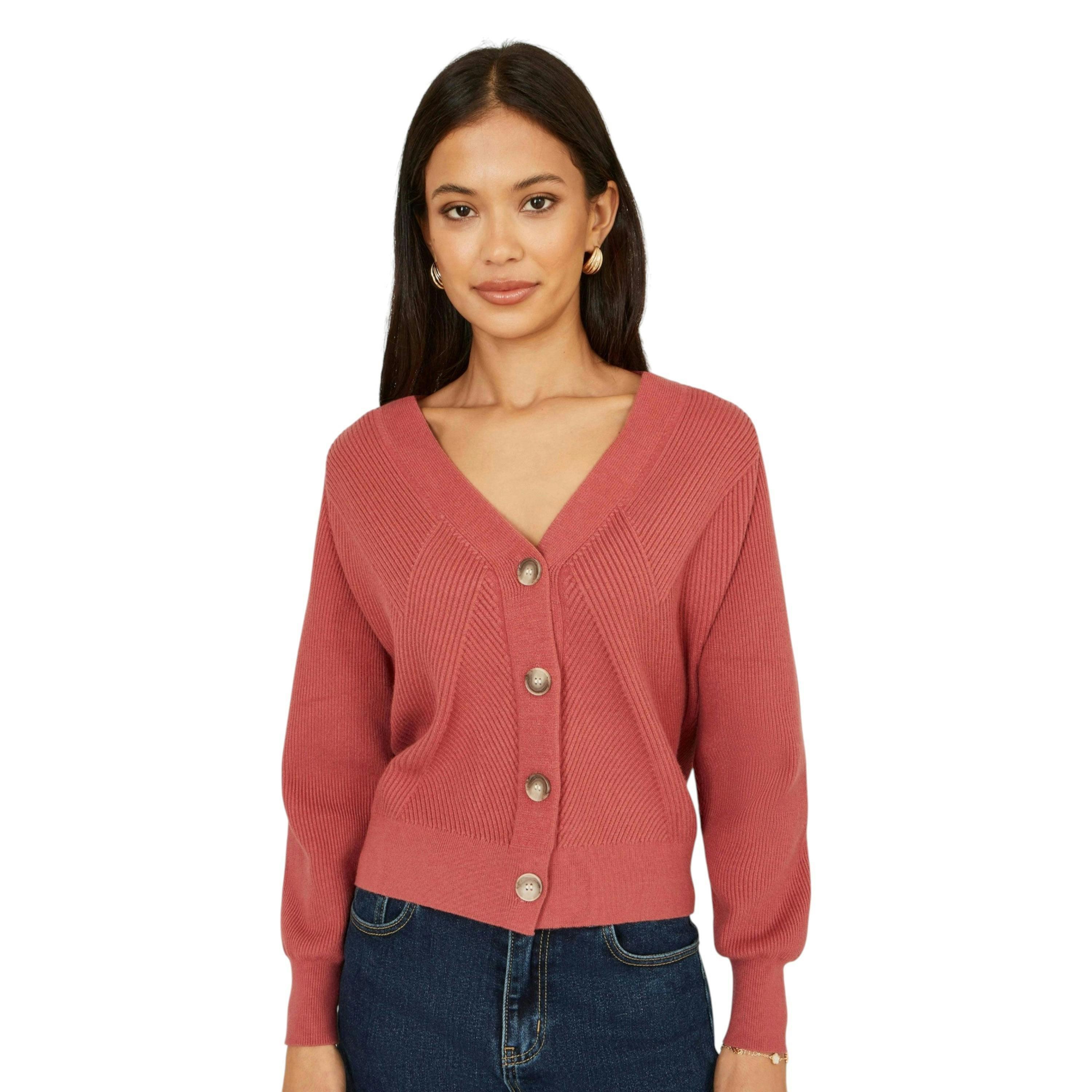 Yumi Rose Pink Relaxed Fit Cardigan With Stitch Detail , view 3 of 6