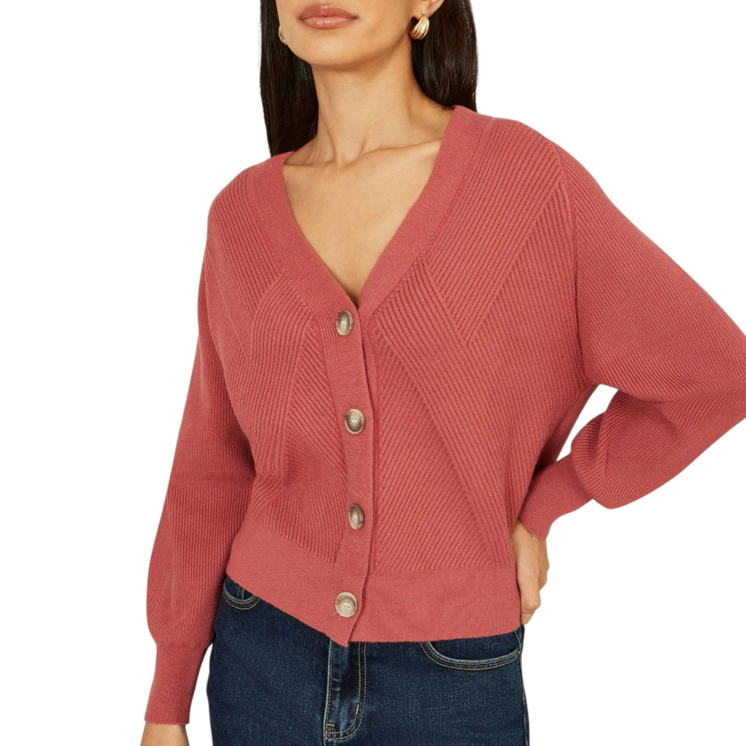 Yumi Rose Pink Relaxed Fit Cardigan With Stitch Detail , view 5 of 6