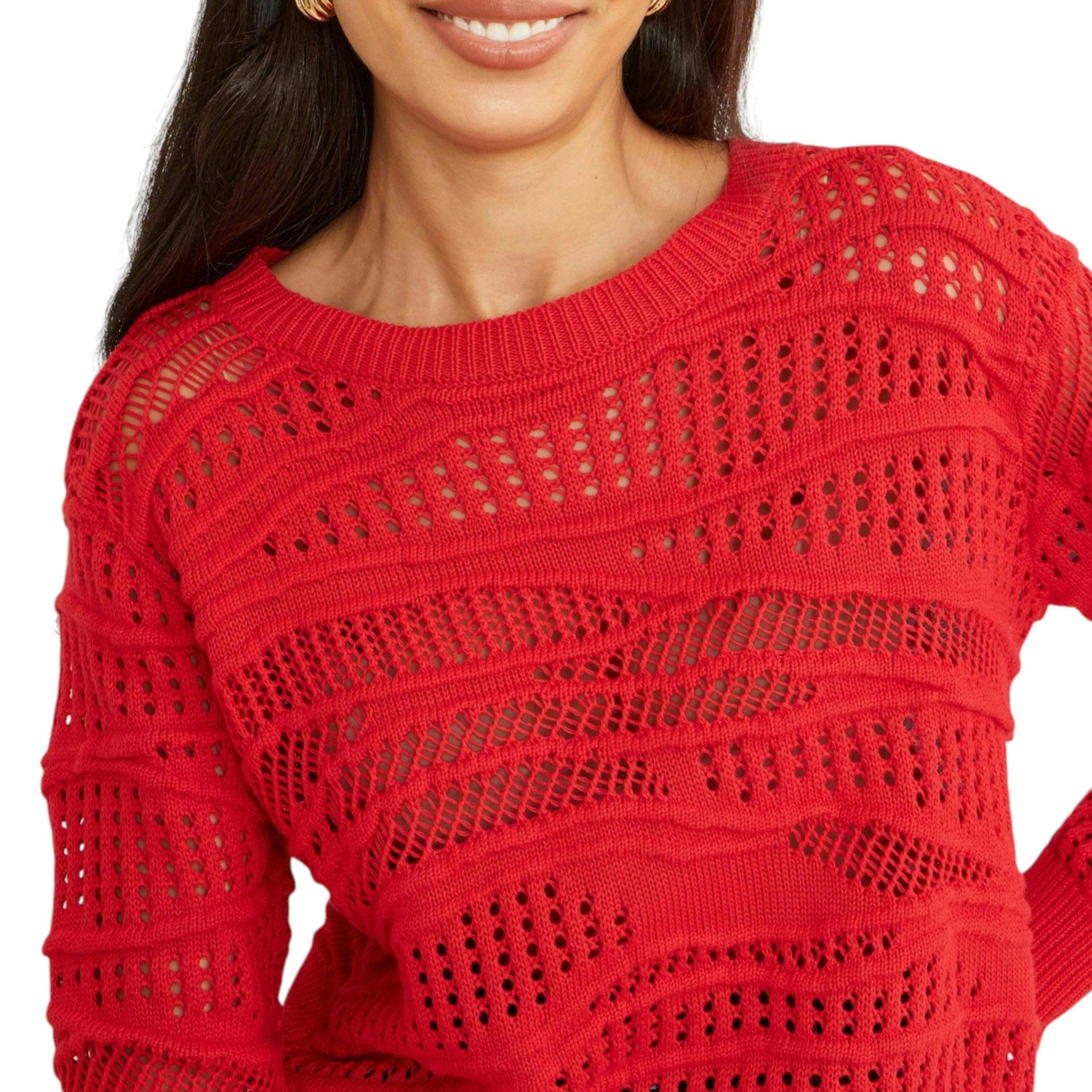 Yumi Red Wave Pointelle Knitted Jumper , view 1 of 5