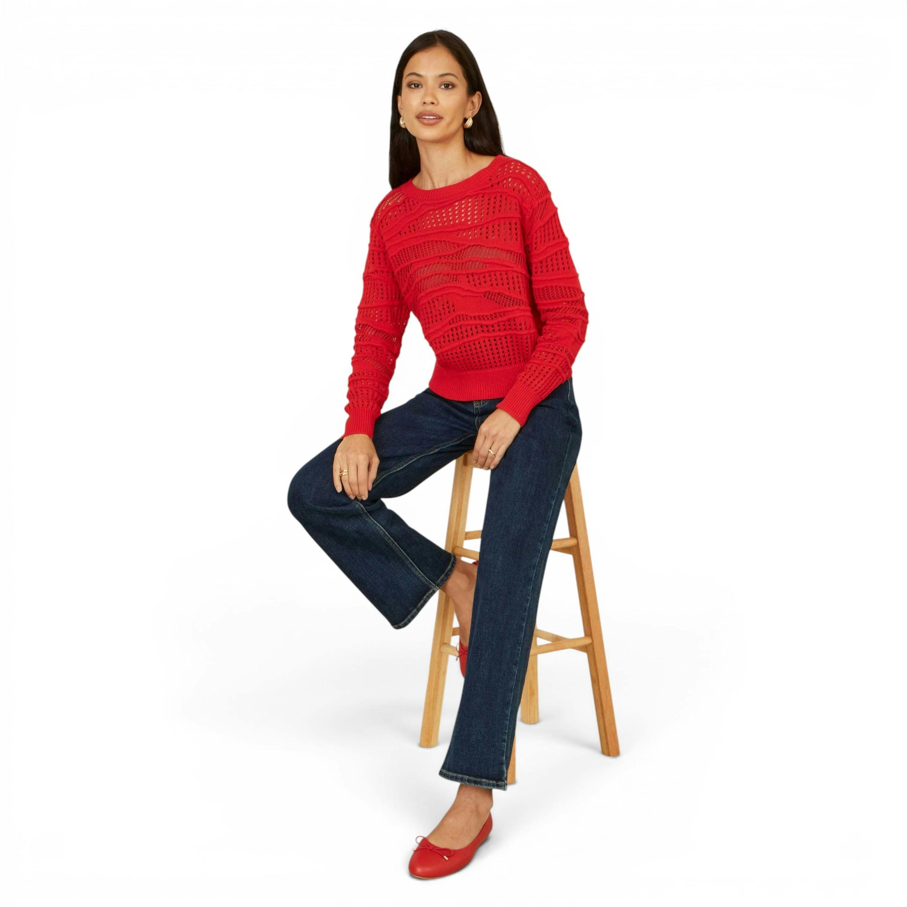 Yumi Red Wave Pointelle Knitted Jumper , view 2 of 5