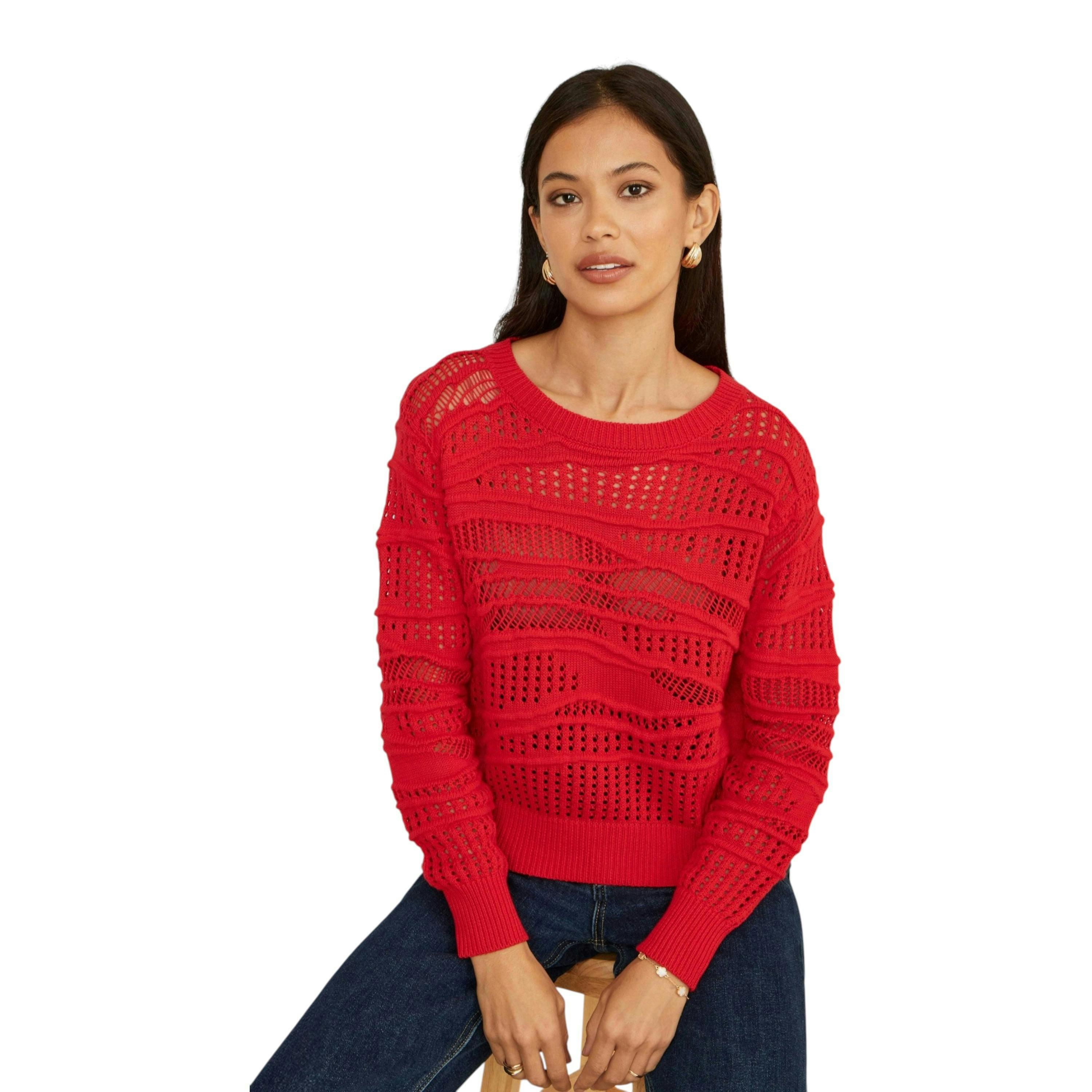Yumi Red Wave Pointelle Knitted Jumper , view 3 of 5