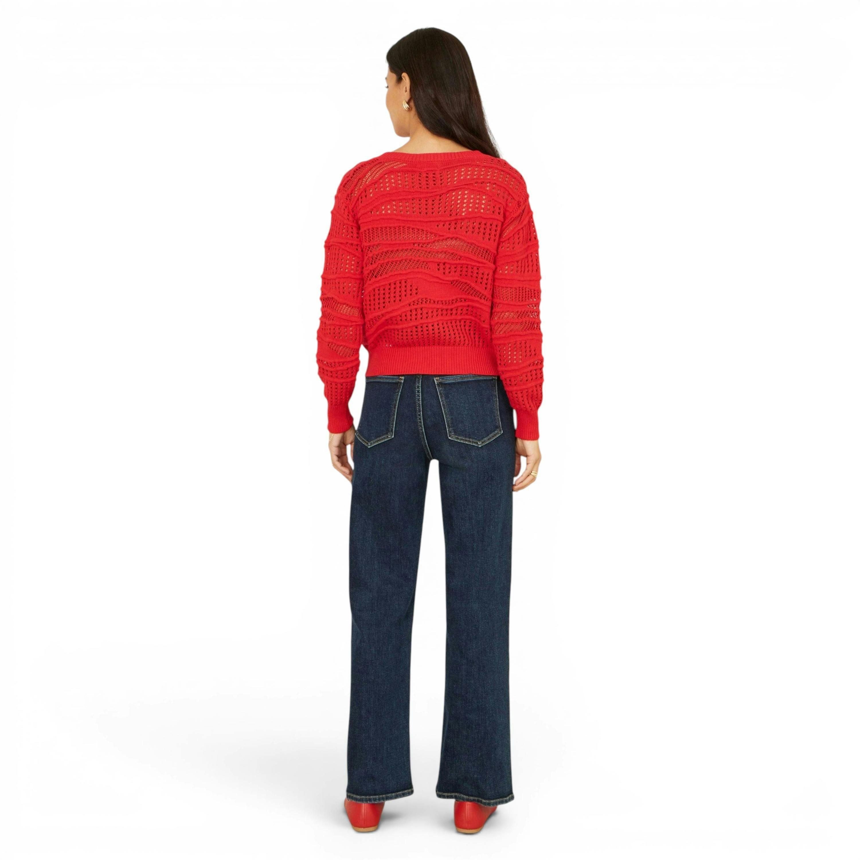 Yumi Red Wave Pointelle Knitted Jumper , view 4 of 5