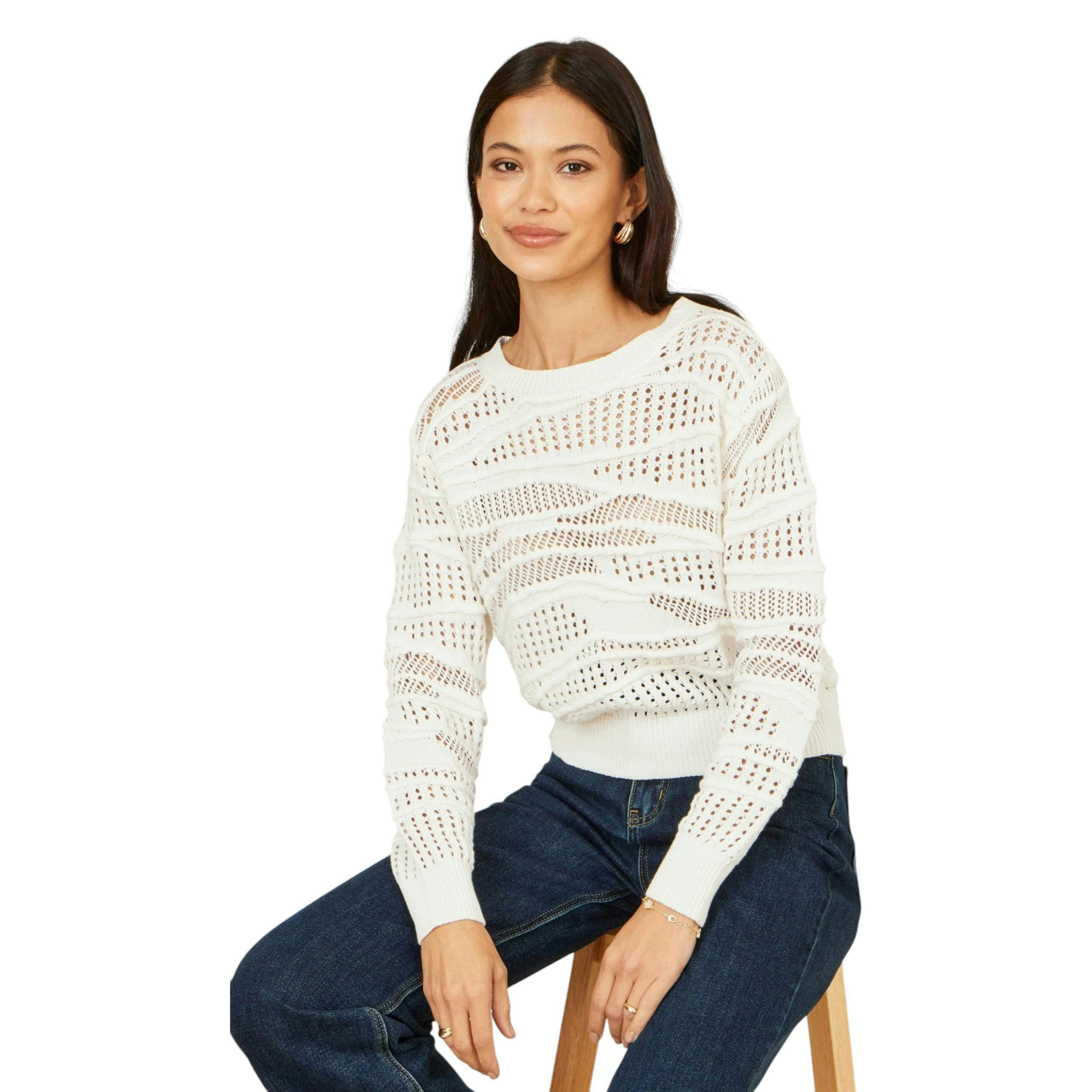 Yumi White Wave Pointelle Knitted Jumper , view 1 of 6