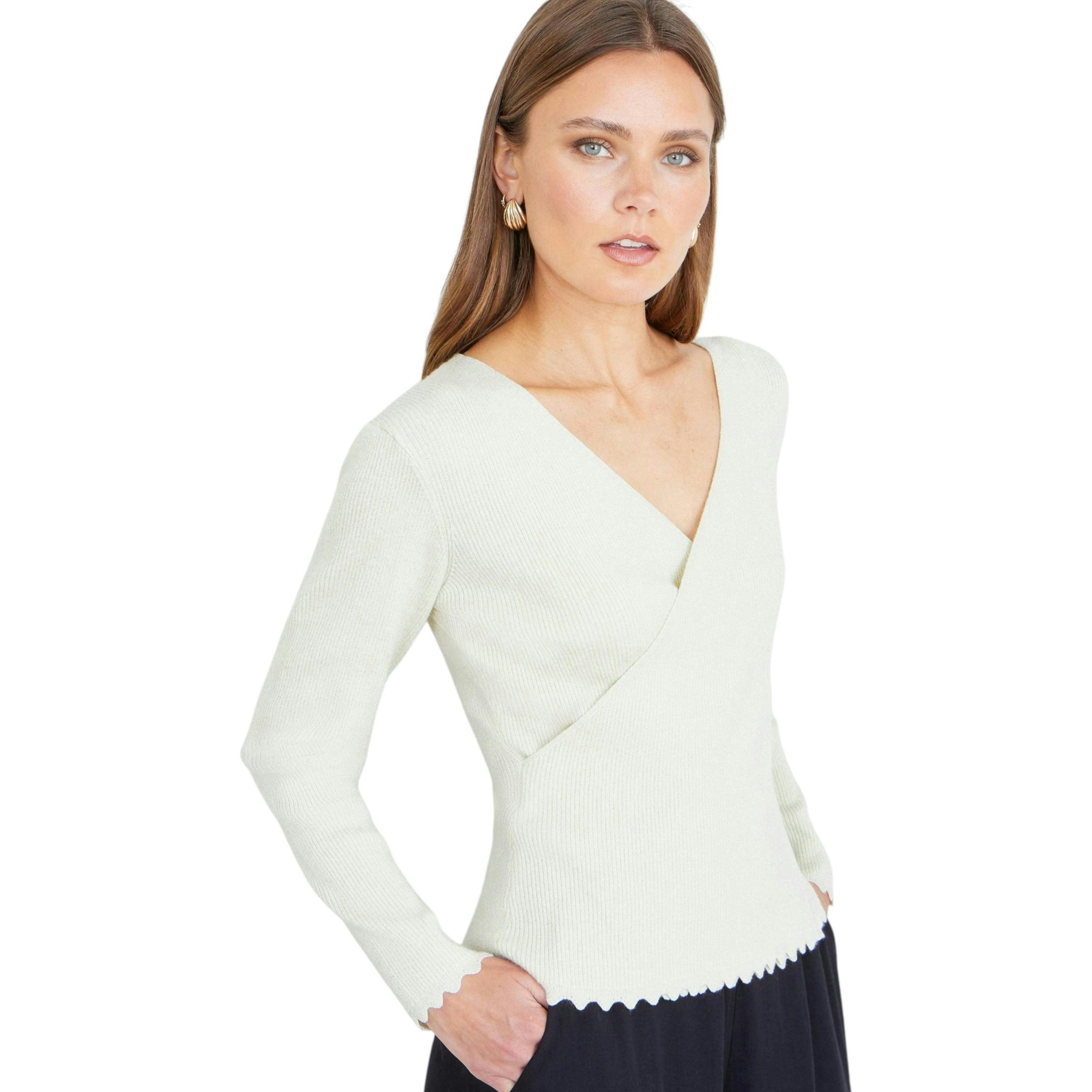 Yumi Ivory Metallic Thread Rib Wrap Knitted Top , view 1 of 6