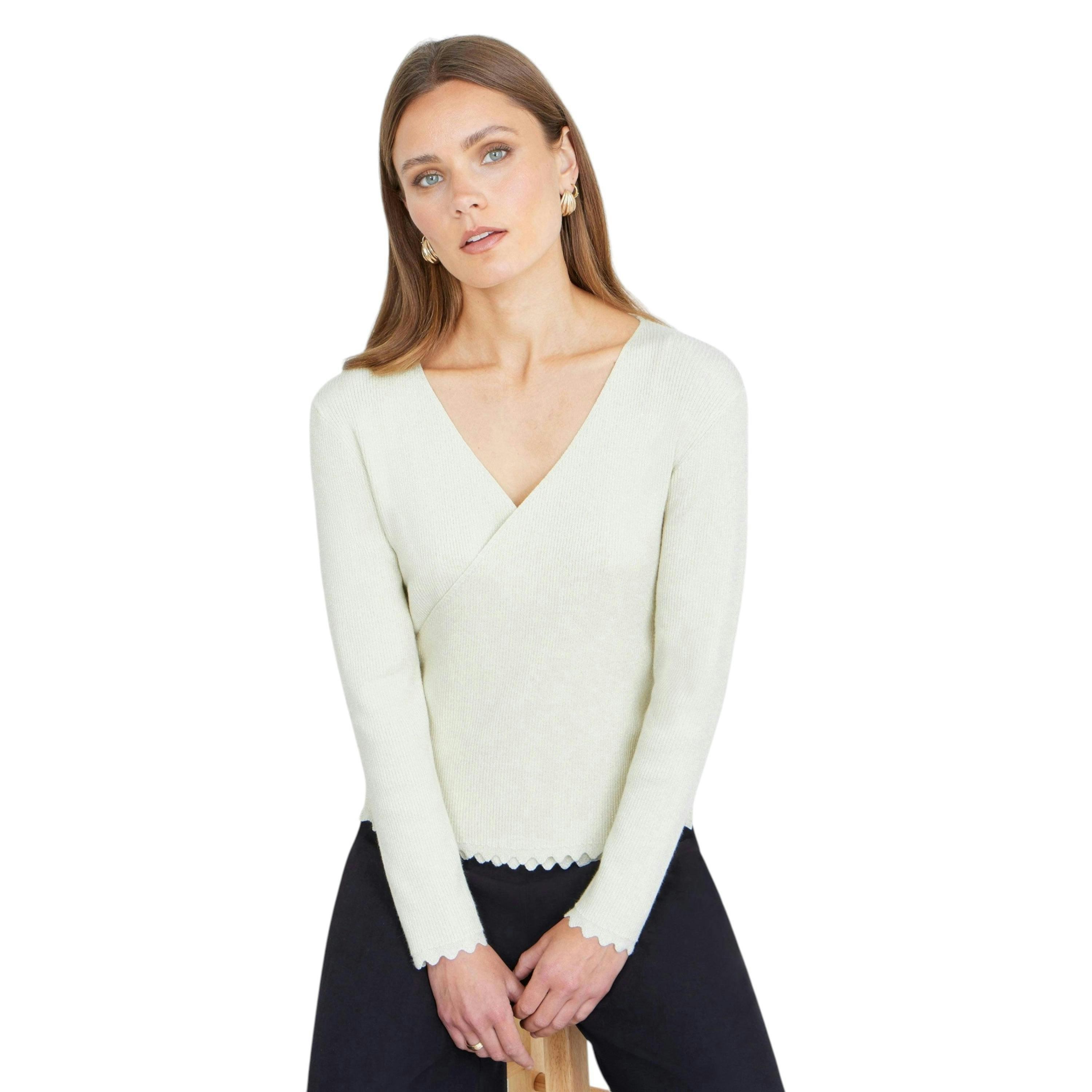 Yumi Ivory Metallic Thread Rib Wrap Knitted Top , view 3 of 6