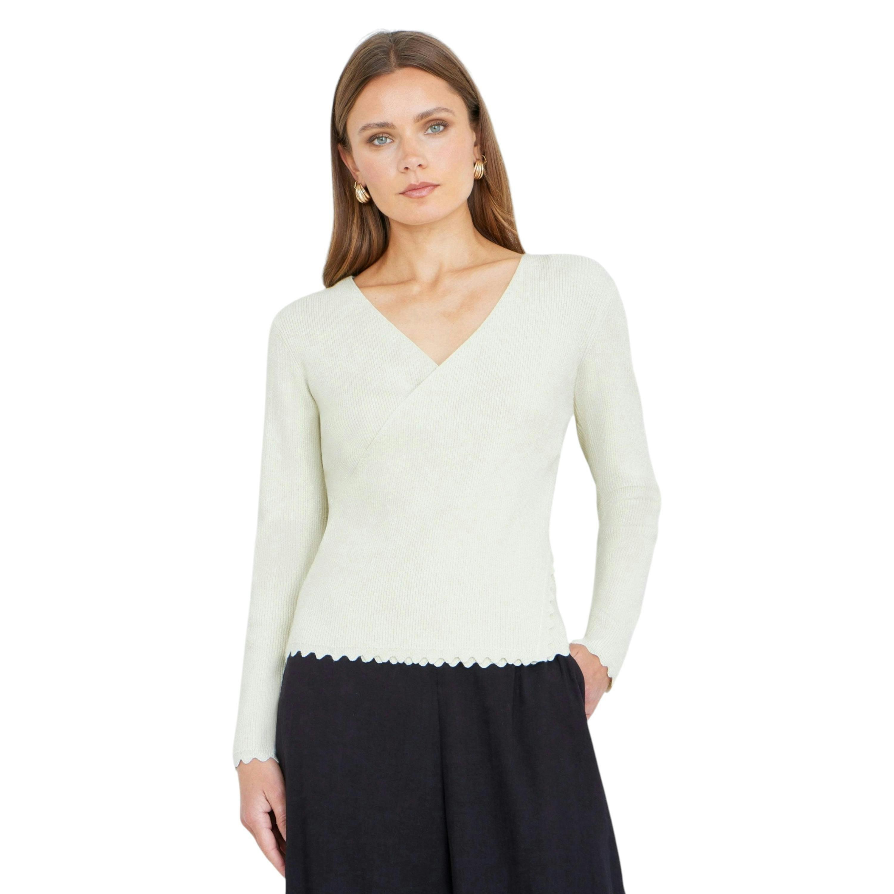 Yumi Ivory Metallic Thread Rib Wrap Knitted Top , view 5 of 6