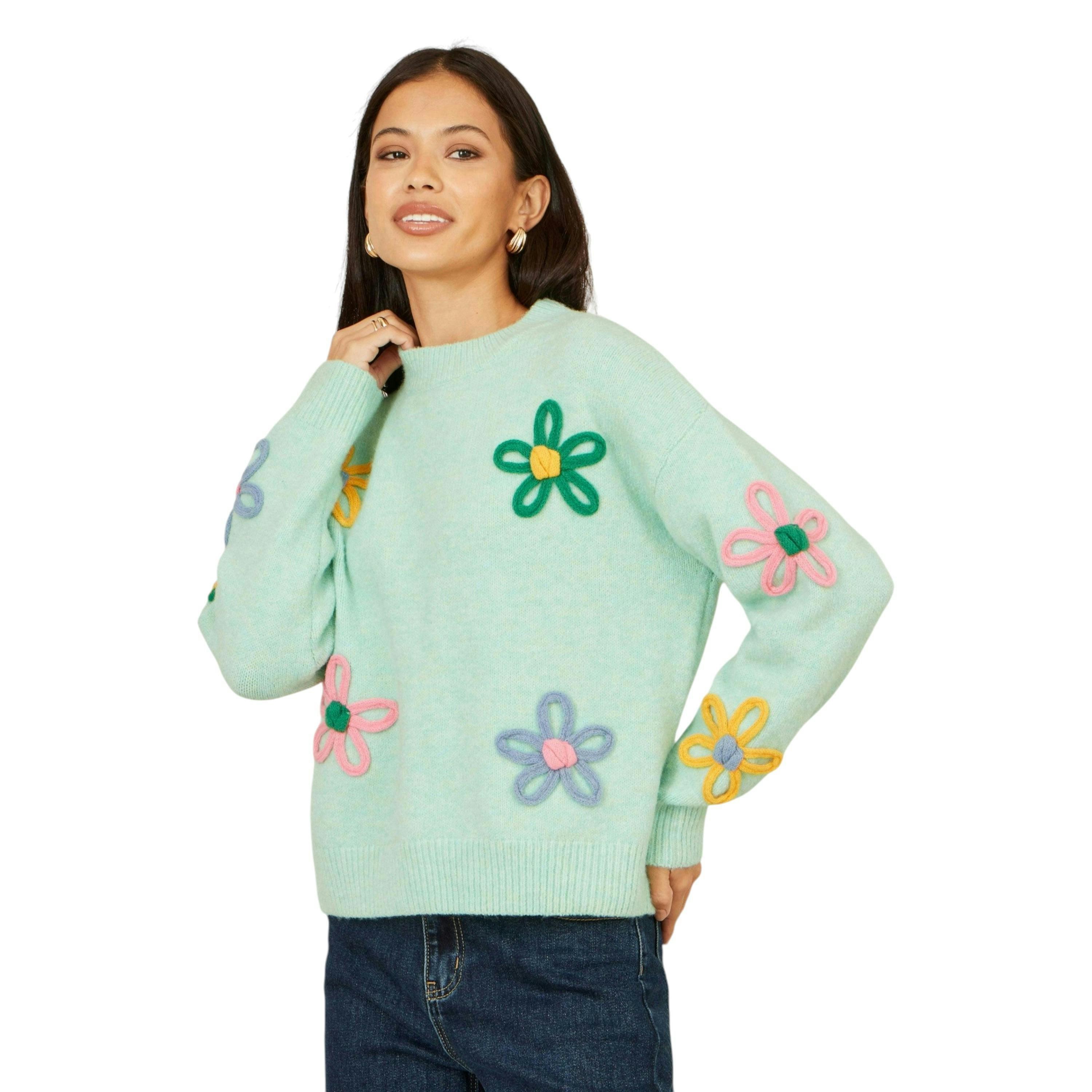 Yumi Green Relaxed Flower Embroidered Jumper , view 1 of 6