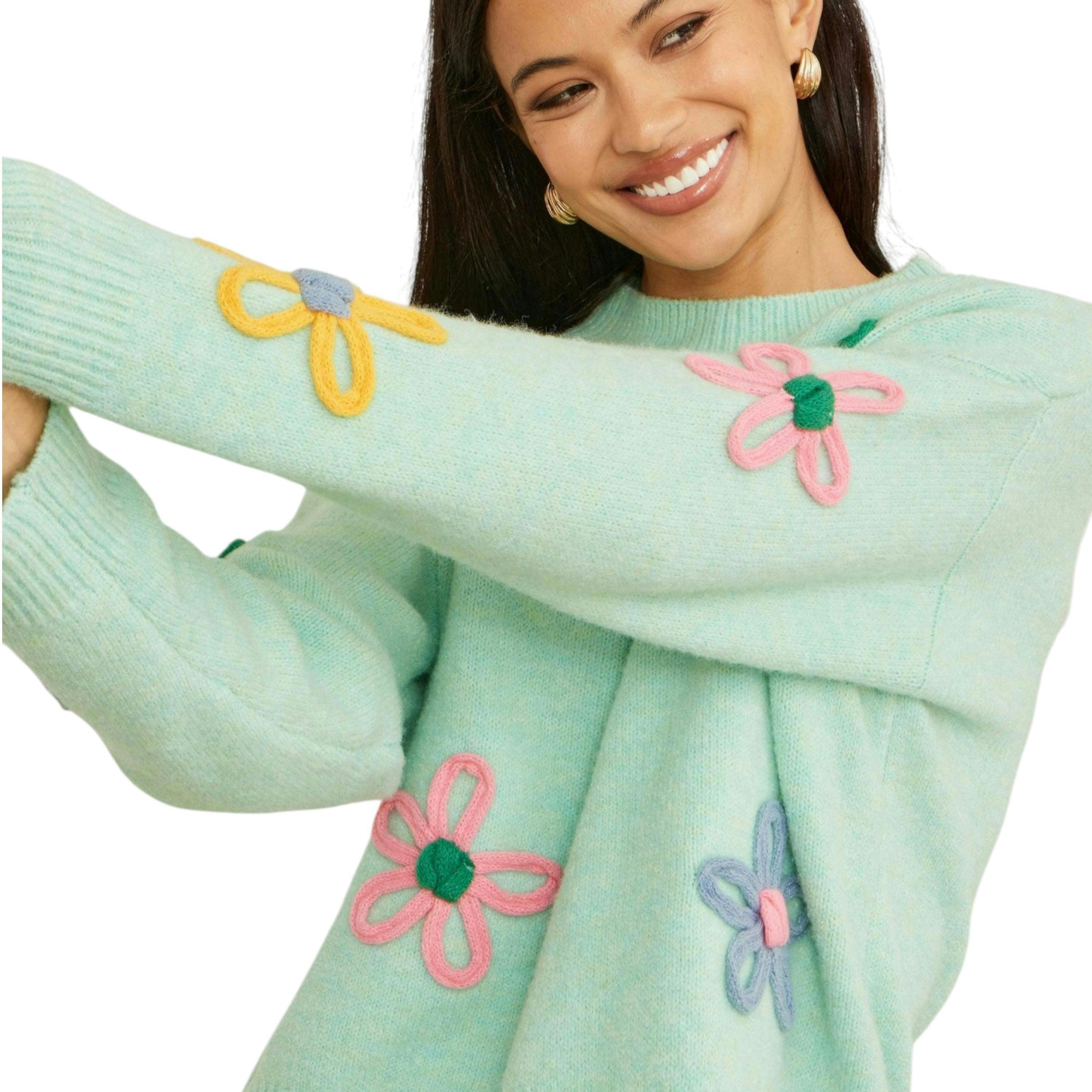 Yumi Green Relaxed Flower Embroidered Jumper , view 2 of 6