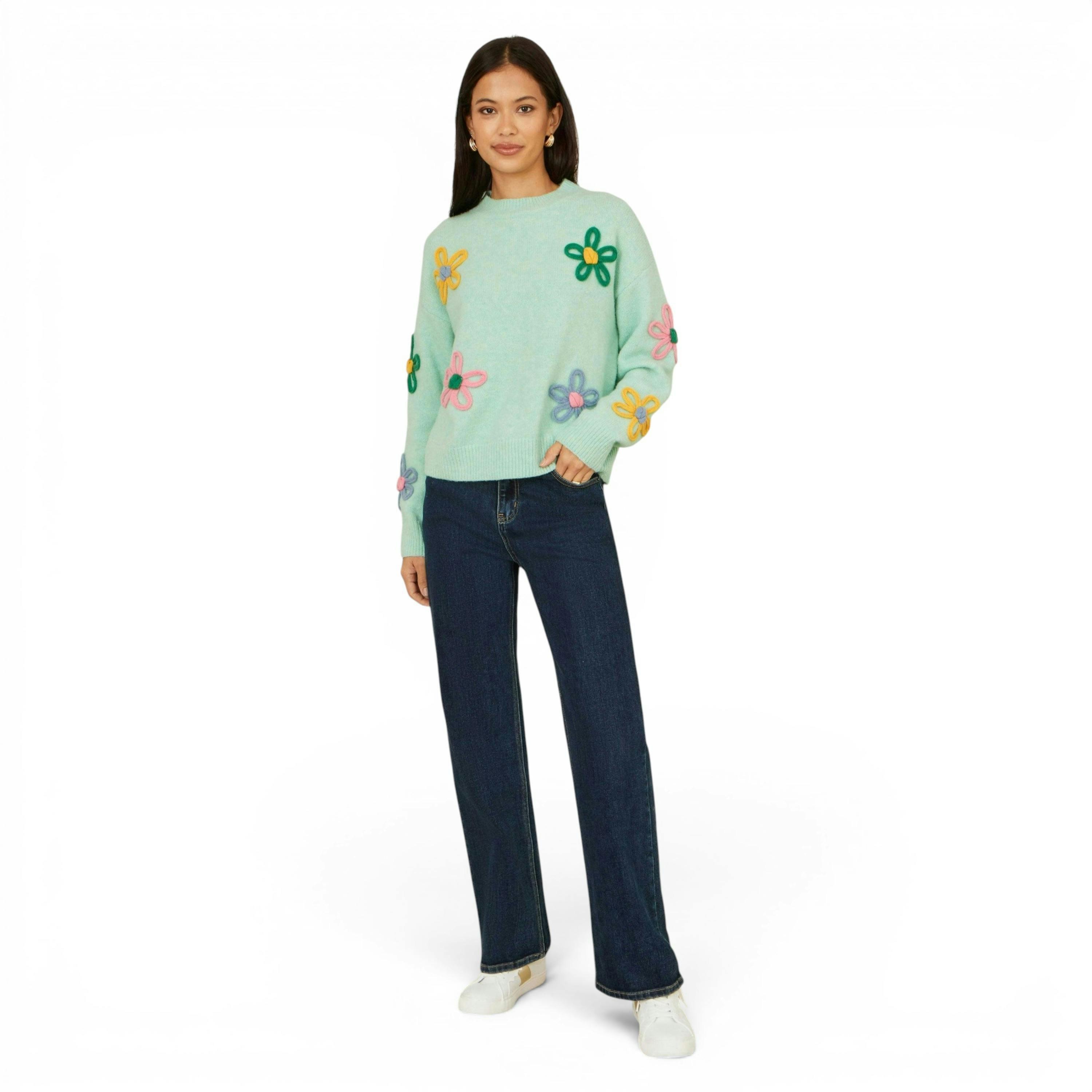 Yumi Green Relaxed Flower Embroidered Jumper , view 3 of 6