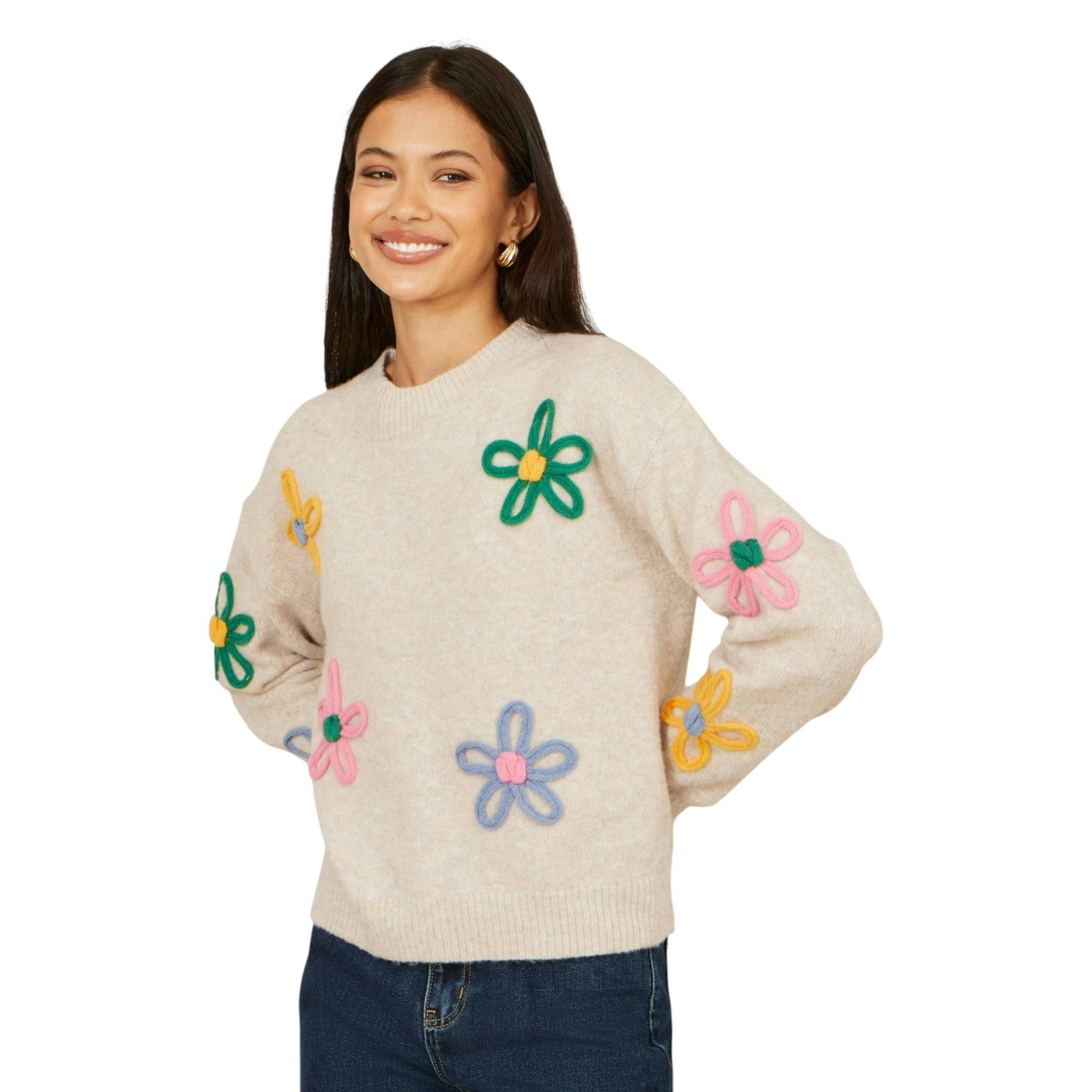 Yumi Oatmeal Relaxed Flower Embroidered Jumper , view 1 of 6