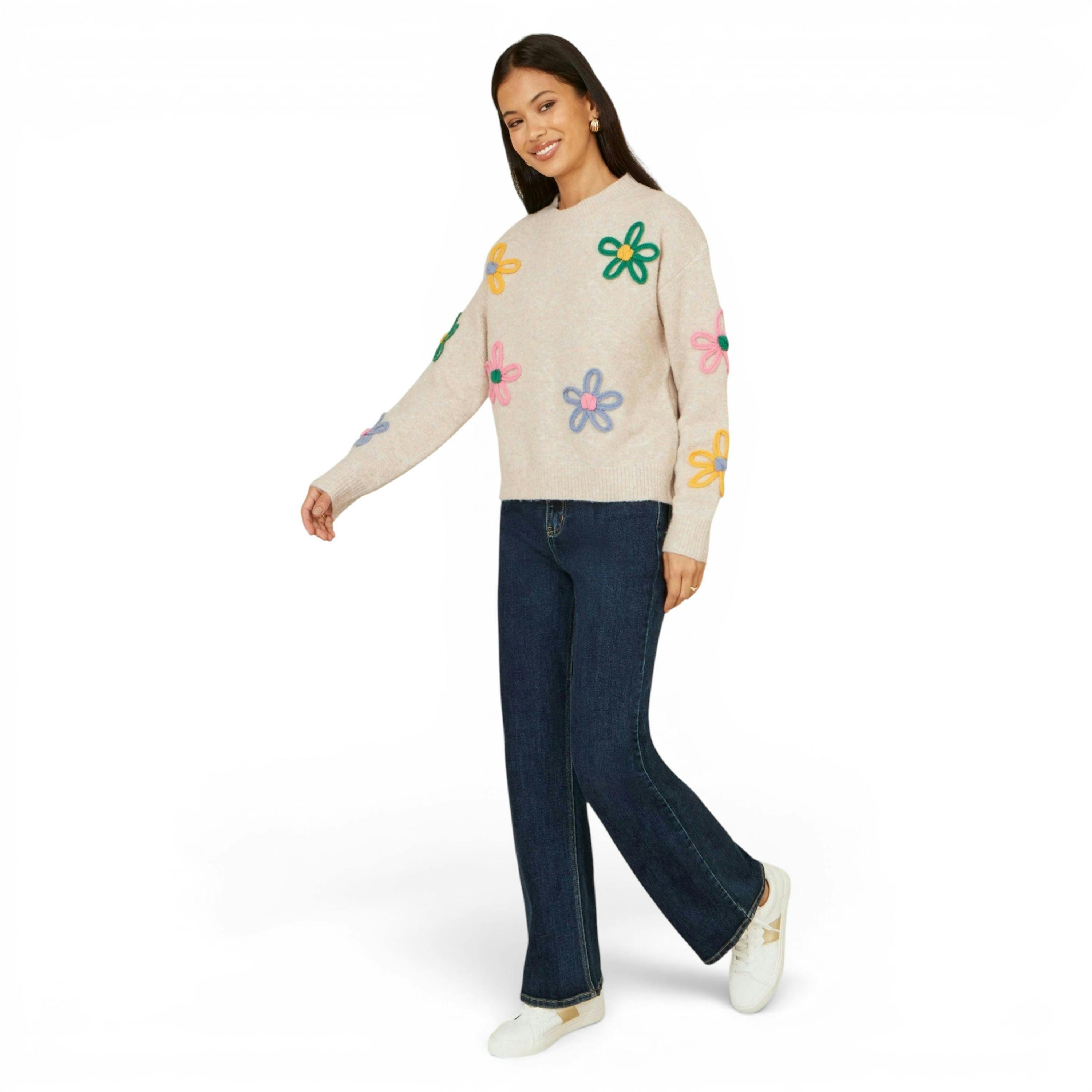 Yumi Oatmeal Relaxed Flower Embroidered Jumper , view 2 of 6