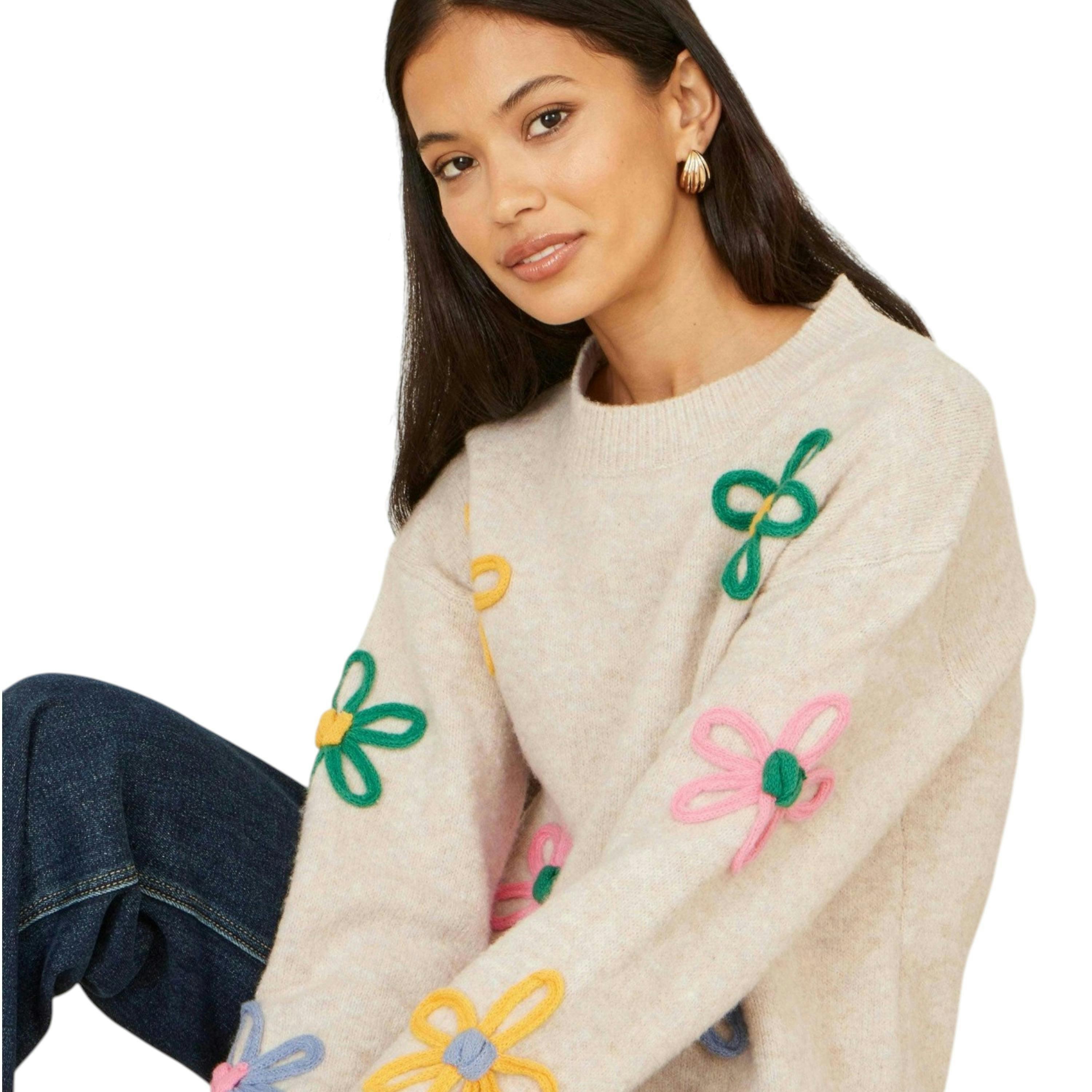 Yumi Oatmeal Relaxed Flower Embroidered Jumper , view 3 of 6