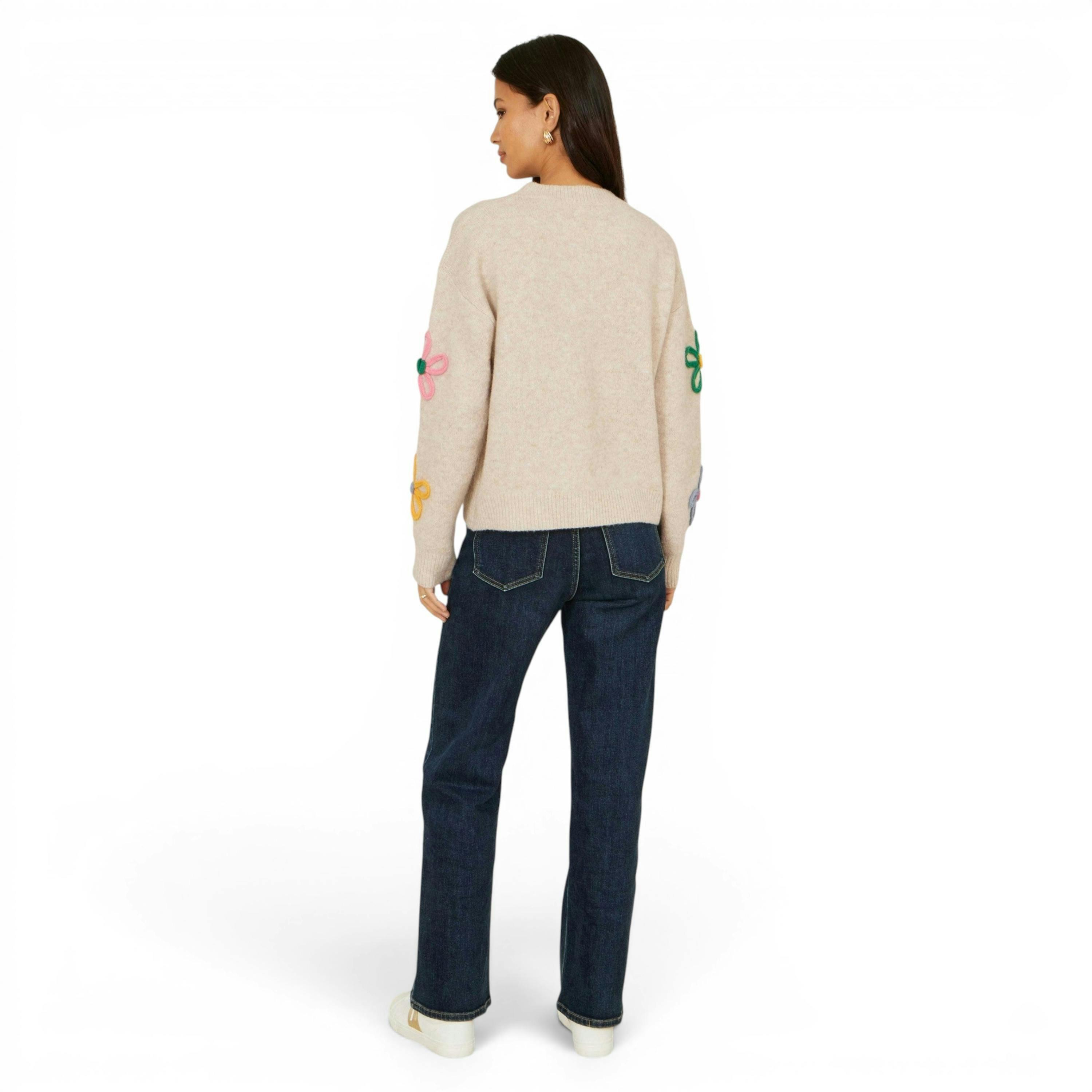 Yumi Oatmeal Relaxed Flower Embroidered Jumper , view 4 of 6