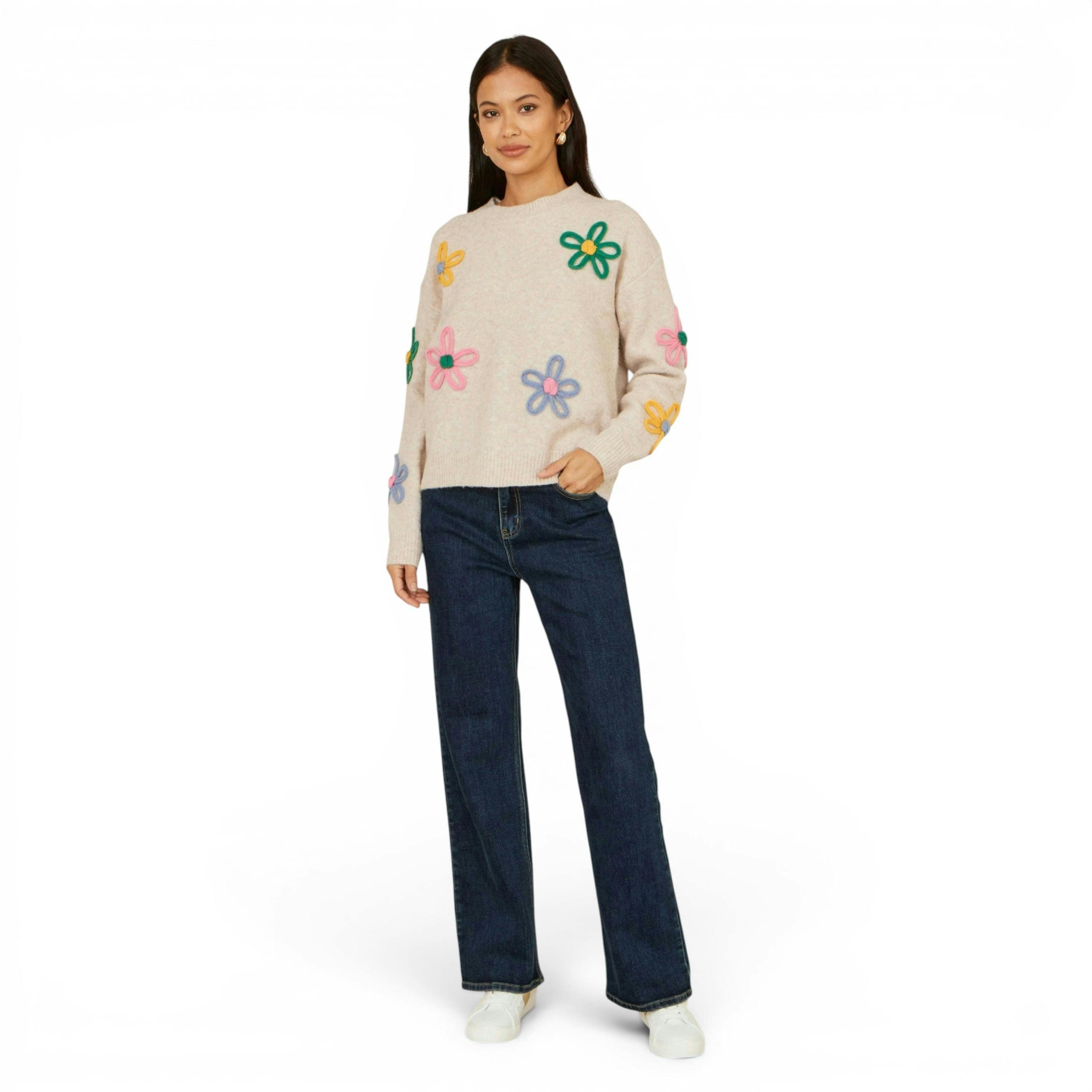 Yumi Oatmeal Relaxed Flower Embroidered Jumper , view 5 of 6