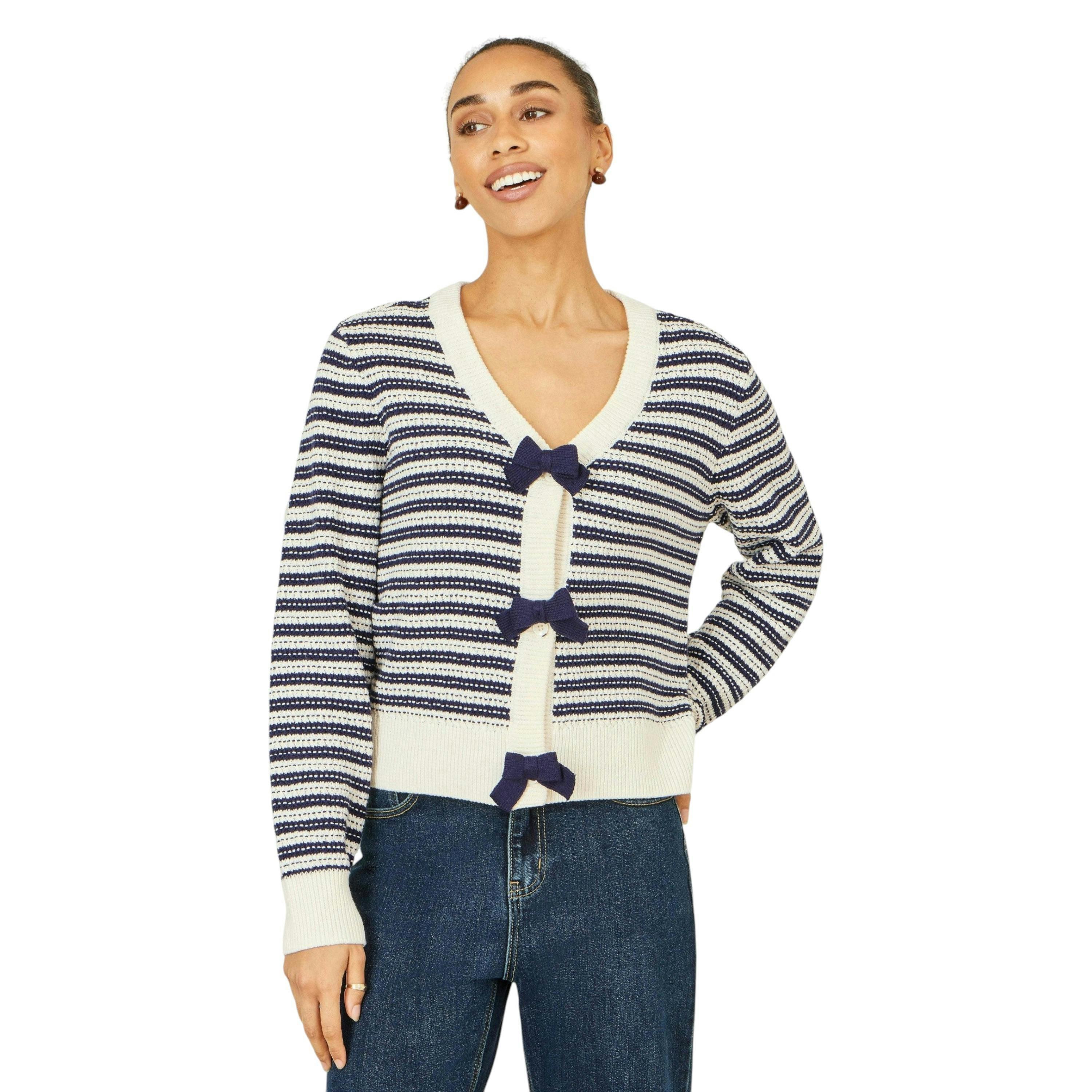 Yumi Multicolour Block Stripe Tie Front Cardigan , view 1 of 5