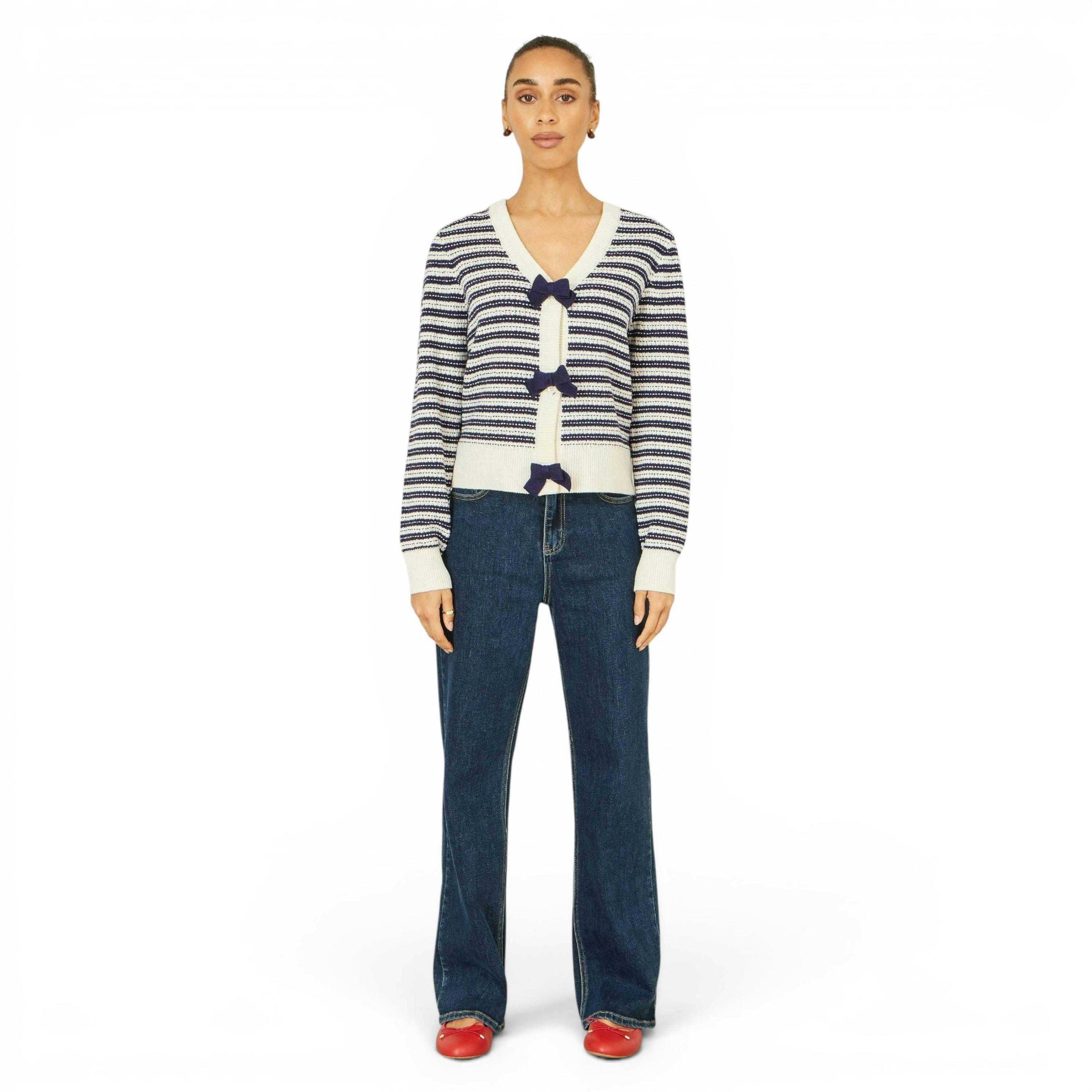 Yumi Multicolour Block Stripe Tie Front Cardigan , view 2 of 5