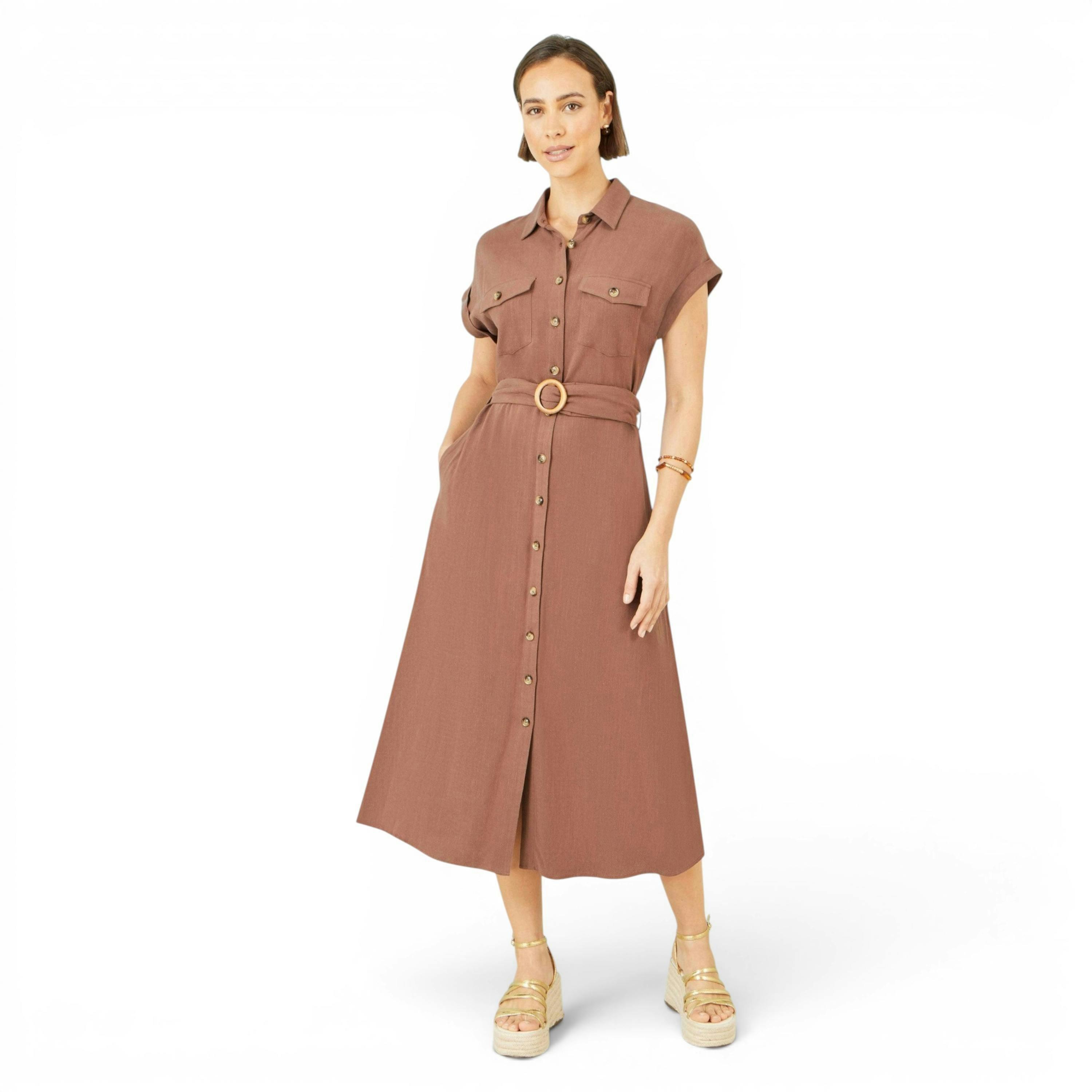 Yumi Brown Viscose Linen Look Midi Shirt Dress With Wooden Belt , view 1 of 6