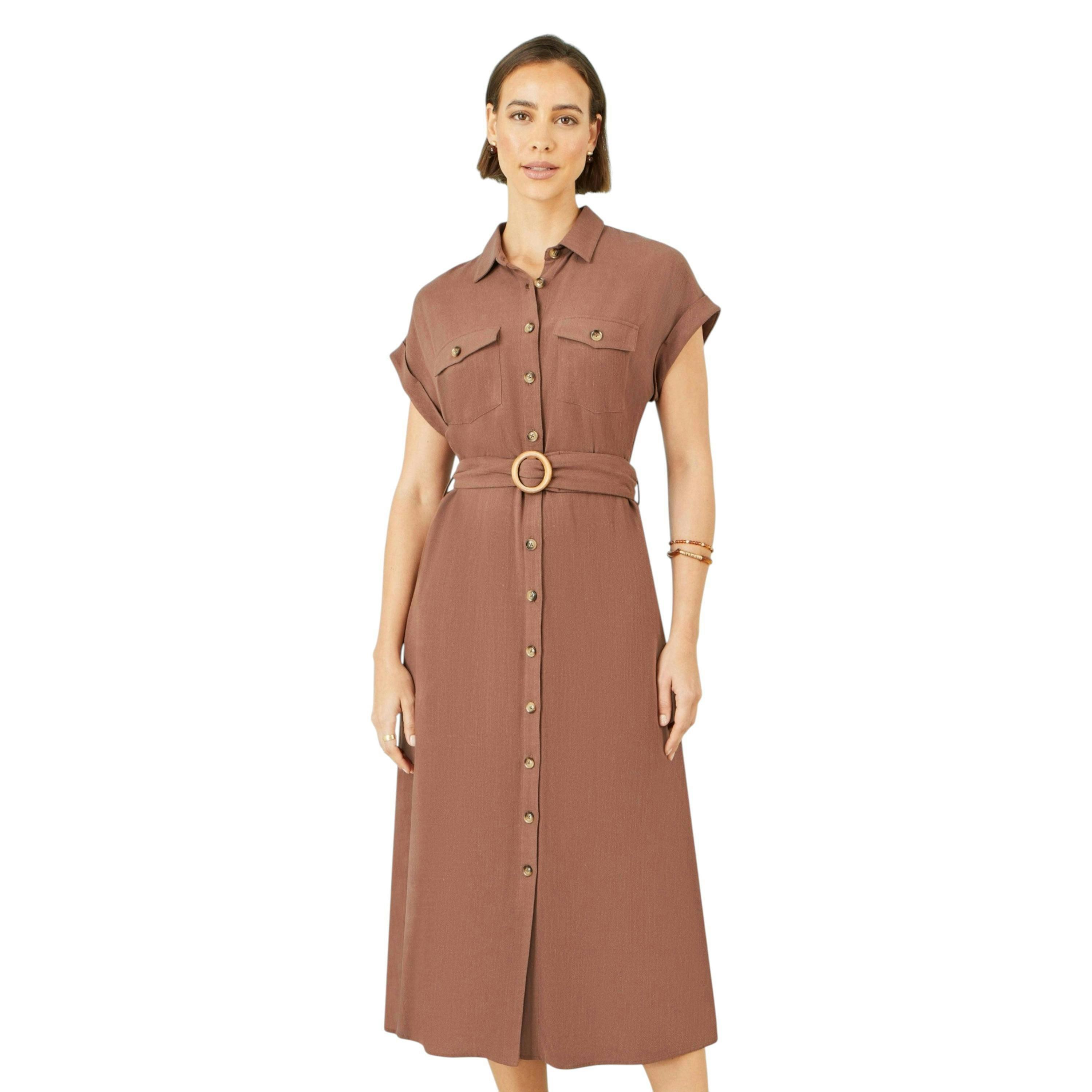 Yumi Brown Viscose Linen Look Midi Shirt Dress With Wooden Belt , view 2 of 6