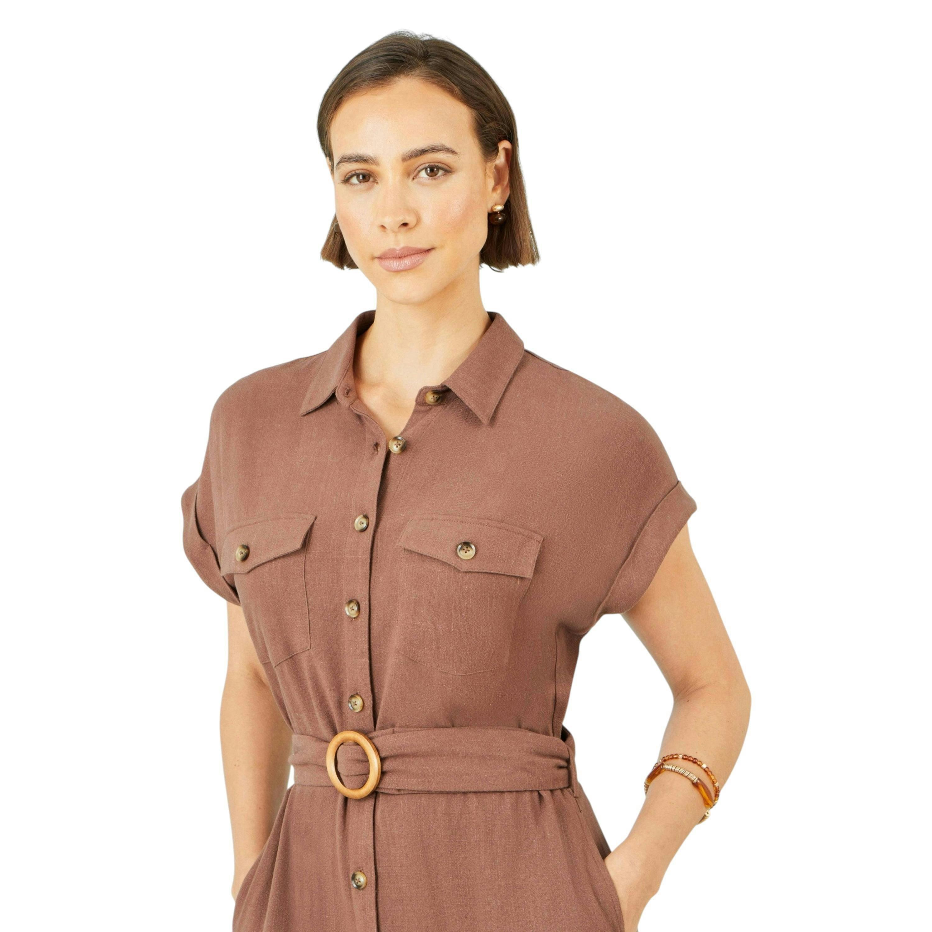 Yumi Brown Viscose Linen Look Midi Shirt Dress With Wooden Belt , view 3 of 6