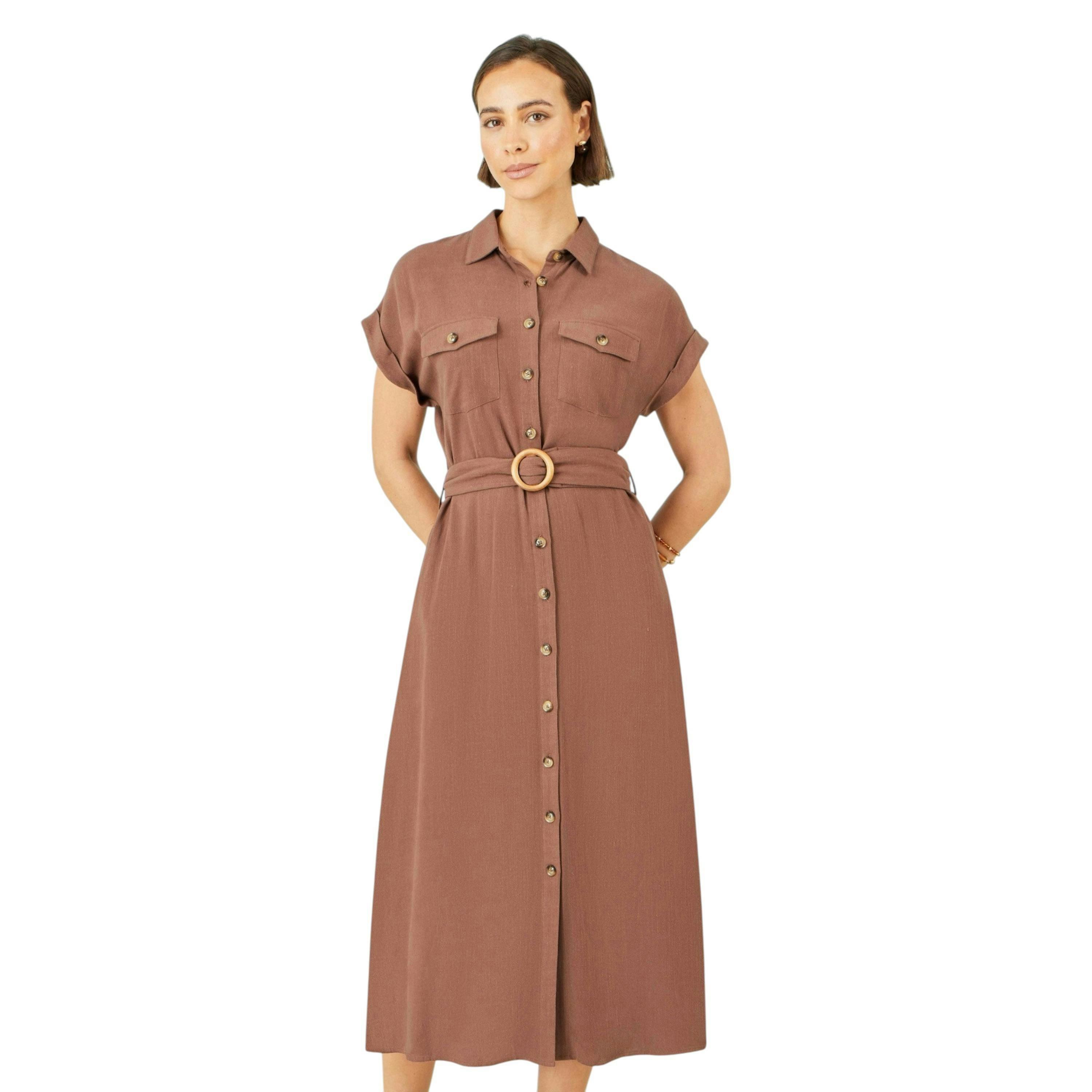 Yumi Brown Viscose Linen Look Midi Shirt Dress With Wooden Belt , view 4 of 6