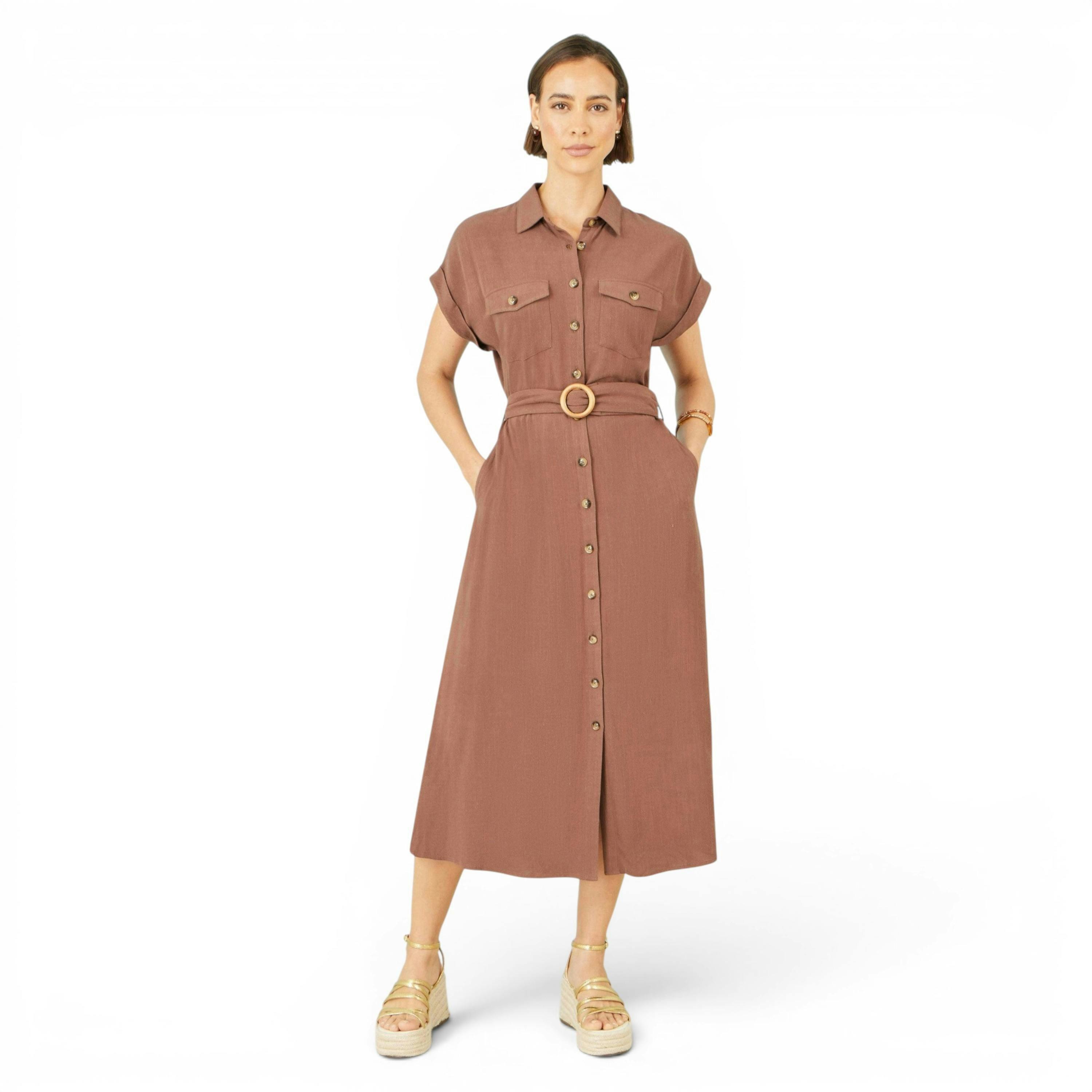 Yumi Brown Viscose Linen Look Midi Shirt Dress With Wooden Belt , view 5 of 6