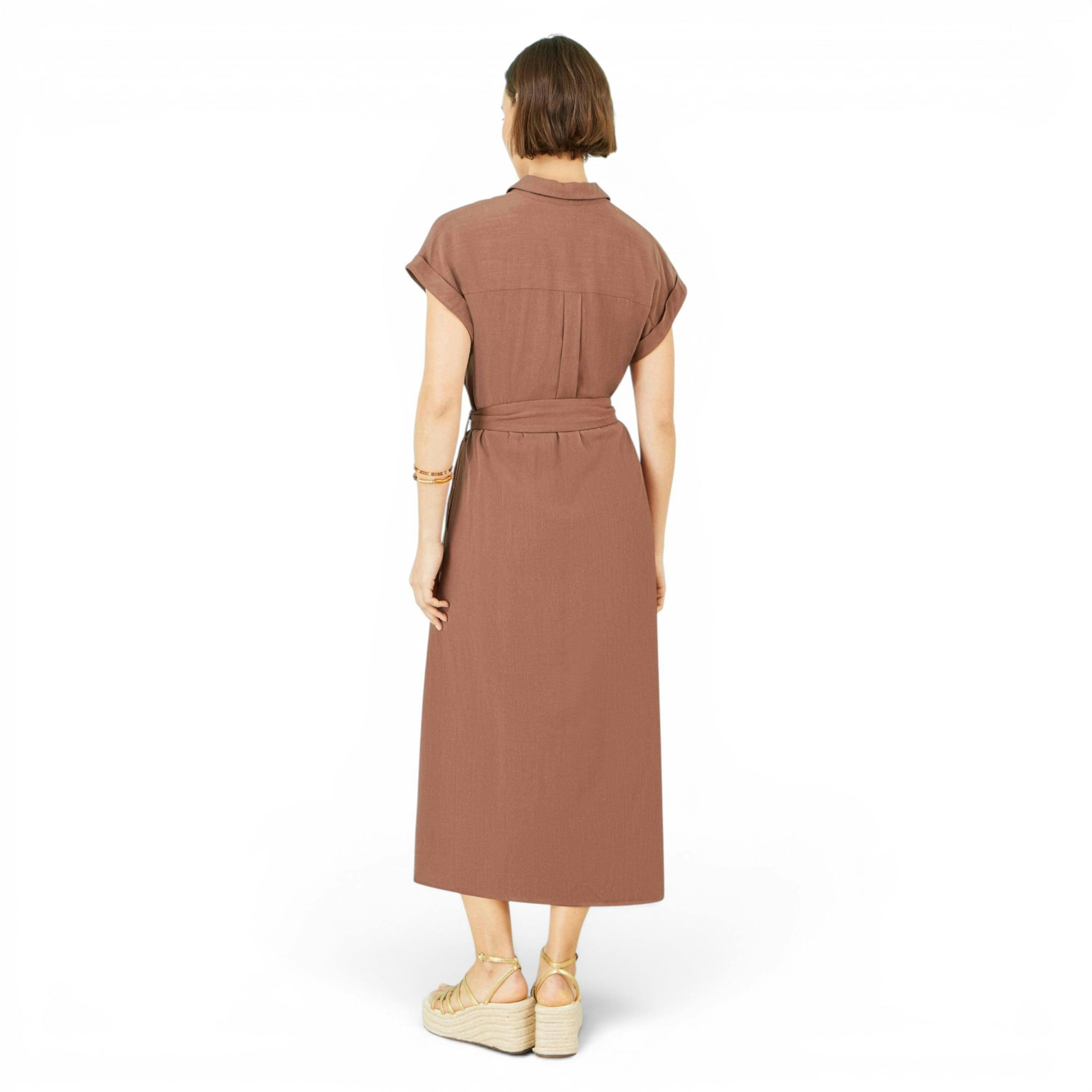 Yumi Brown Viscose Linen Look Midi Shirt Dress With Wooden Belt , view 6 of 6